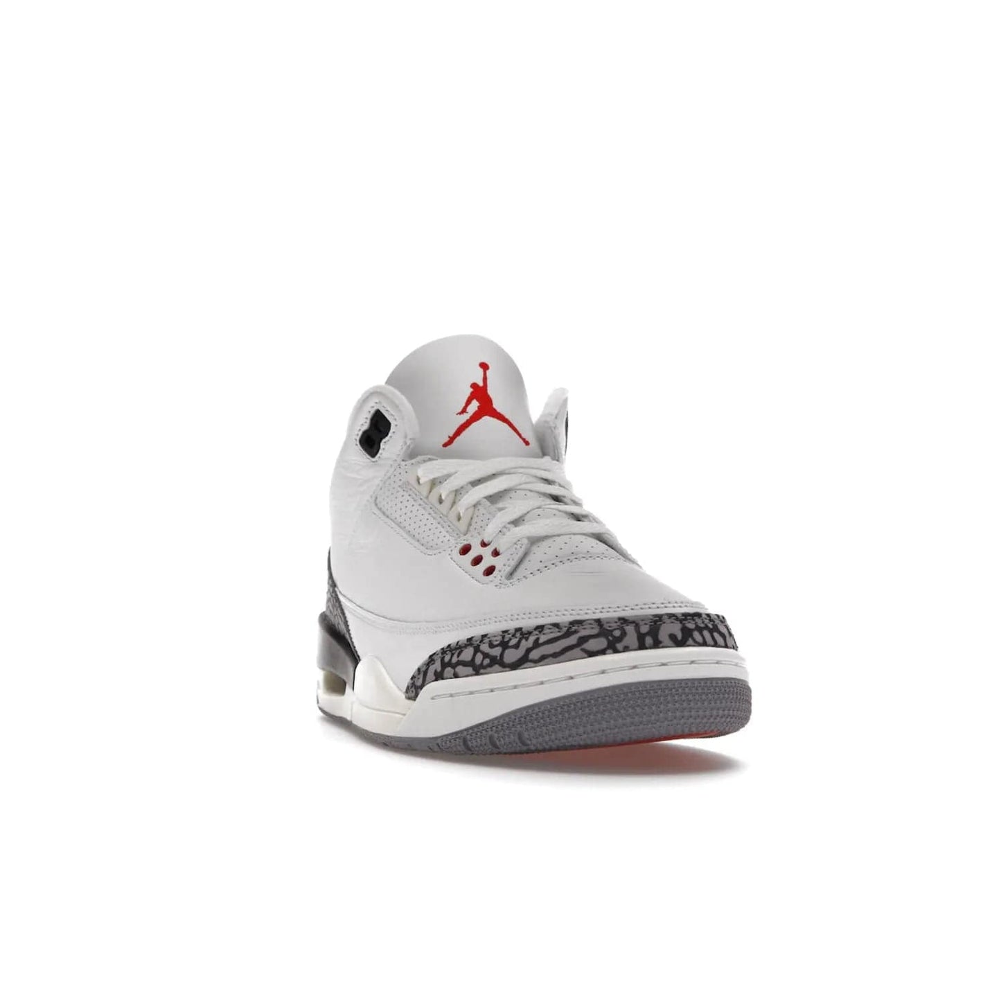 Jordan 3 Retro White Cement Reimagined - Image 8 - Only at www.BallersClubKickz.com - The Reimagined Air Jordan 3 Retro in a Summit White/Fire Red/Black/Cement Grey colorway is launching on March 11, 2023. Featuring a white leather upper, off-white midsoles and heel tabs, this vintage-look sneaker is a must-have.