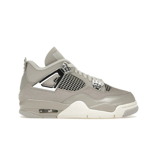 Jordan 4 Retro Frozen Moments (Women's) - Image 1 - Only at www.BallersClubKickz.com - The Jordan 4 Retro Frozen Moments is a stylish blend of classic design elements and modern tones. Featuring suede and leather overlays in a light iron-ore, sail, neutral grey, black, and metallic silver colorway. Get this iconic high-performance sneaker for $210.
