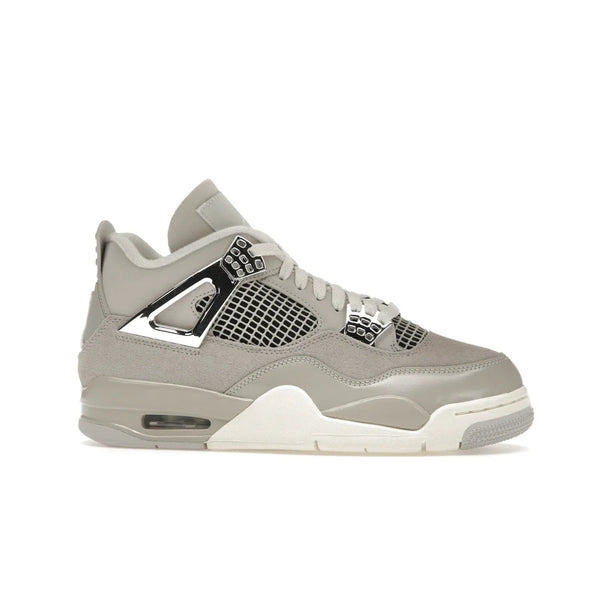 Jordan 4 Retro Frozen Moments (Women's) - Image 2 - Only at www.BallersClubKickz.com - The Jordan 4 Retro Frozen Moments is a stylish blend of classic design elements and modern tones. Featuring suede and leather overlays in a light iron-ore, sail, neutral grey, black, and metallic silver colorway. Get this iconic high-performance sneaker for $210.