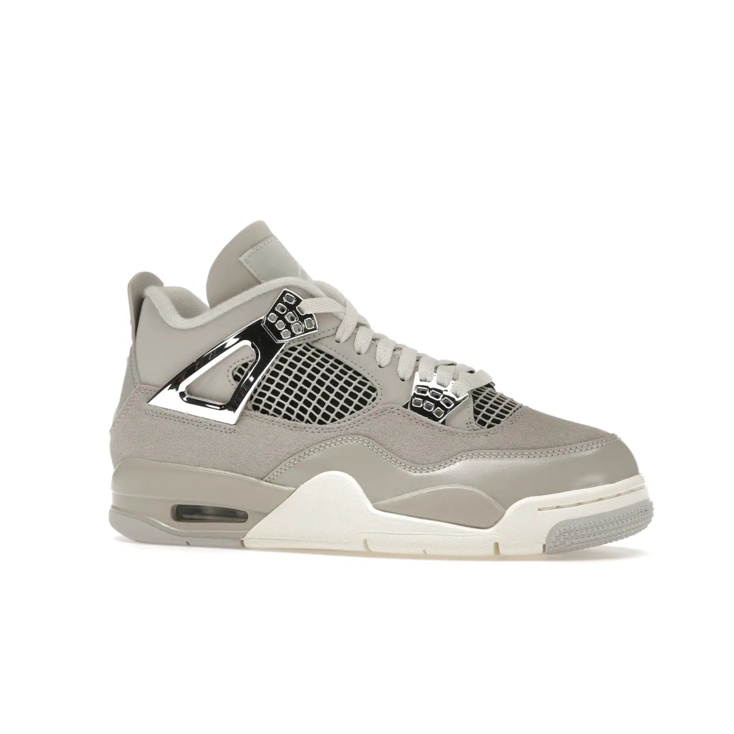 Jordan 4 Retro Frozen Moments (Women's) - Image 3 - Only at www.BallersClubKickz.com - The Jordan 4 Retro Frozen Moments is a stylish blend of classic design elements and modern tones. Featuring suede and leather overlays in a light iron-ore, sail, neutral grey, black, and metallic silver colorway. Get this iconic high-performance sneaker for $210.