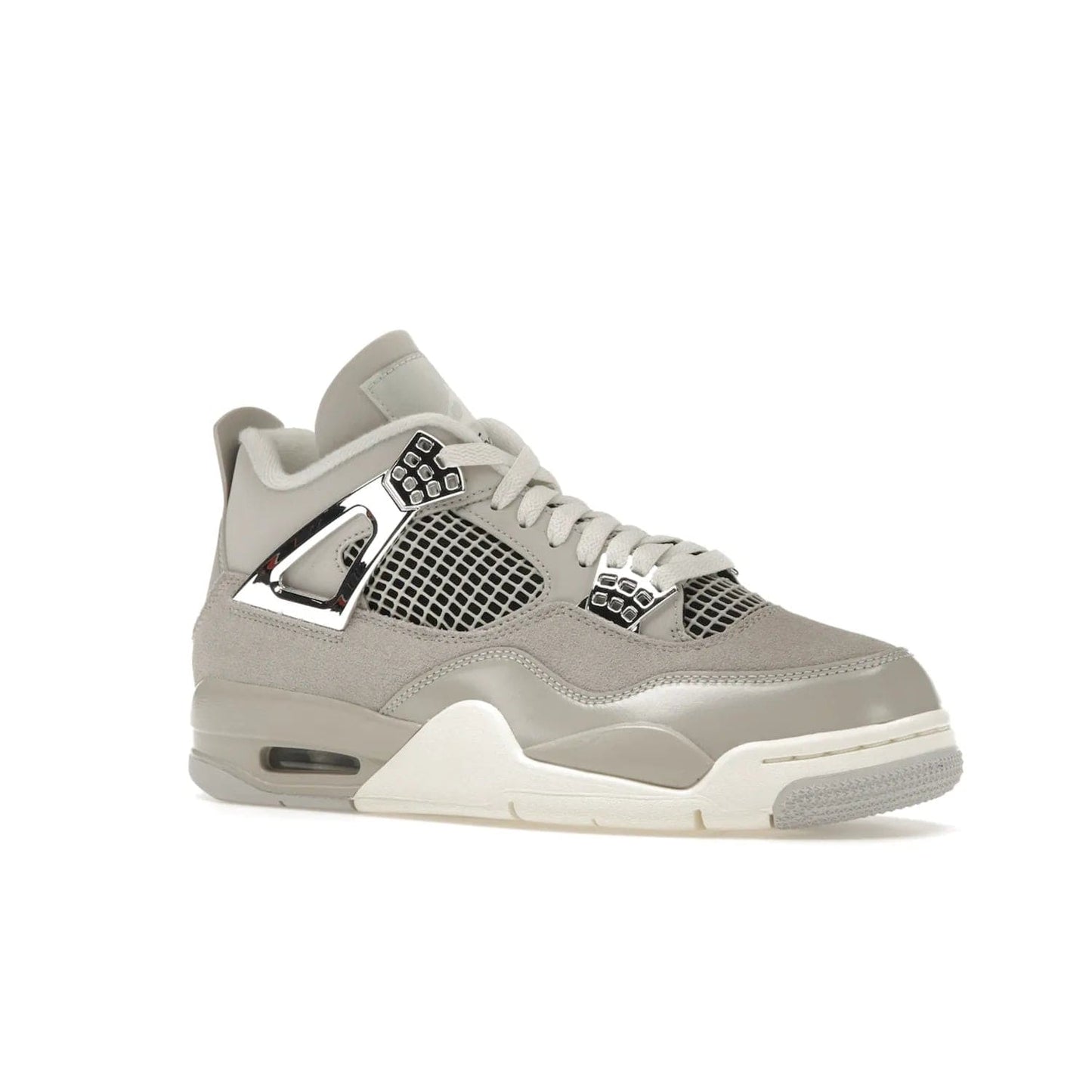 Jordan 4 Retro Frozen Moments (Women's) - Image 4 - Only at www.BallersClubKickz.com - The Jordan 4 Retro Frozen Moments is a stylish blend of classic design elements and modern tones. Featuring suede and leather overlays in a light iron-ore, sail, neutral grey, black, and metallic silver colorway. Get this iconic high-performance sneaker for $210.