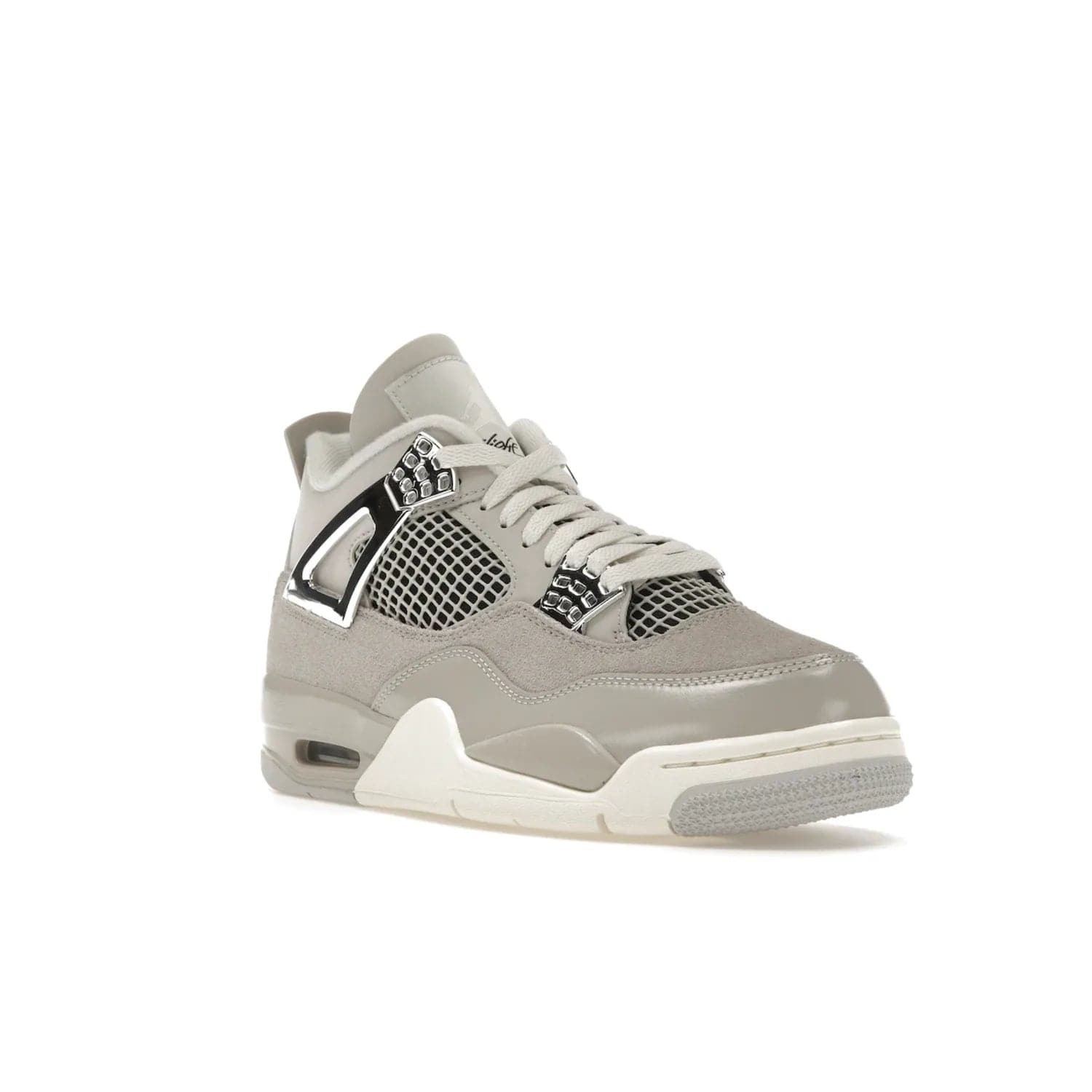 Jordan 4 Retro Frozen Moments (Women's) - Image 6 - Only at www.BallersClubKickz.com - The Jordan 4 Retro Frozen Moments is a stylish blend of classic design elements and modern tones. Featuring suede and leather overlays in a light iron-ore, sail, neutral grey, black, and metallic silver colorway. Get this iconic high-performance sneaker for $210.