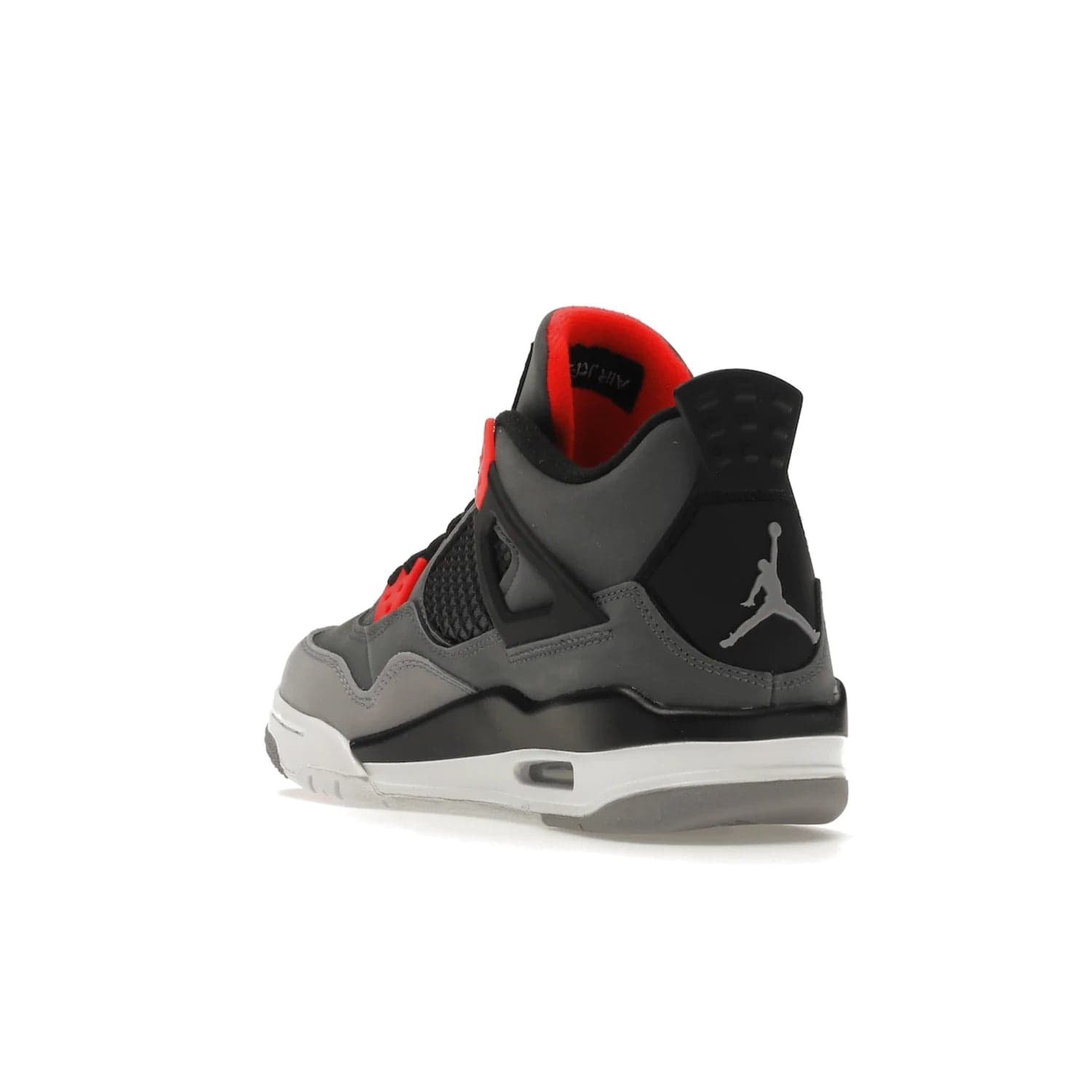 Jordan 4 Retro Infrared (GS) - Image 25 - Only at www.BallersClubKickz.com - Shop the Air Jordan 4 Retro Infrared (GS) for a classic silhouette with subtle yet bold features. Dark grey nubuck upper with lighter forefoot overlay, black accents, Infrared molded eyelets & woven tongue tag. Available June 2022.