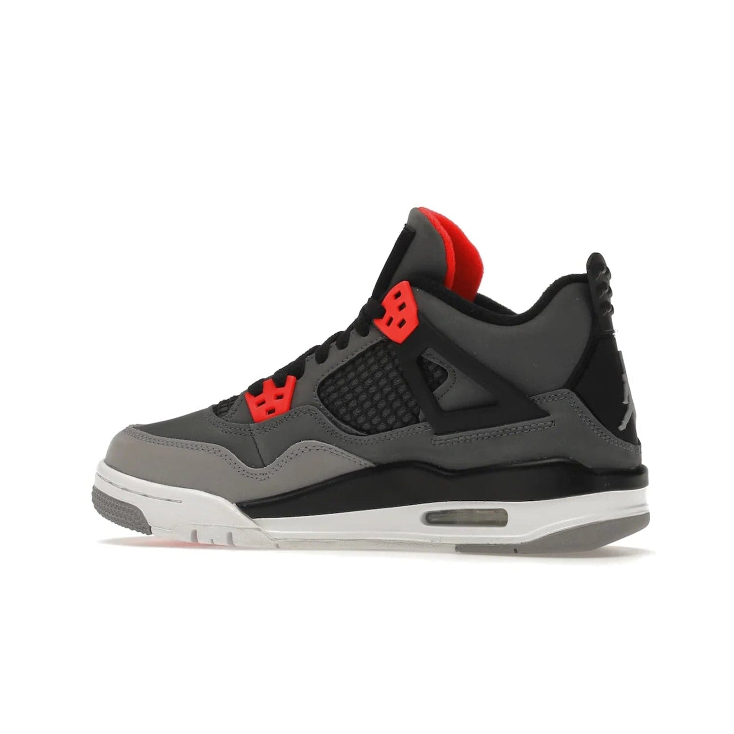 Jordan 4 Retro Infrared (GS) - Image 21 - Only at www.BallersClubKickz.com - Shop the Air Jordan 4 Retro Infrared (GS) for a classic silhouette with subtle yet bold features. Dark grey nubuck upper with lighter forefoot overlay, black accents, Infrared molded eyelets & woven tongue tag. Available June 2022.