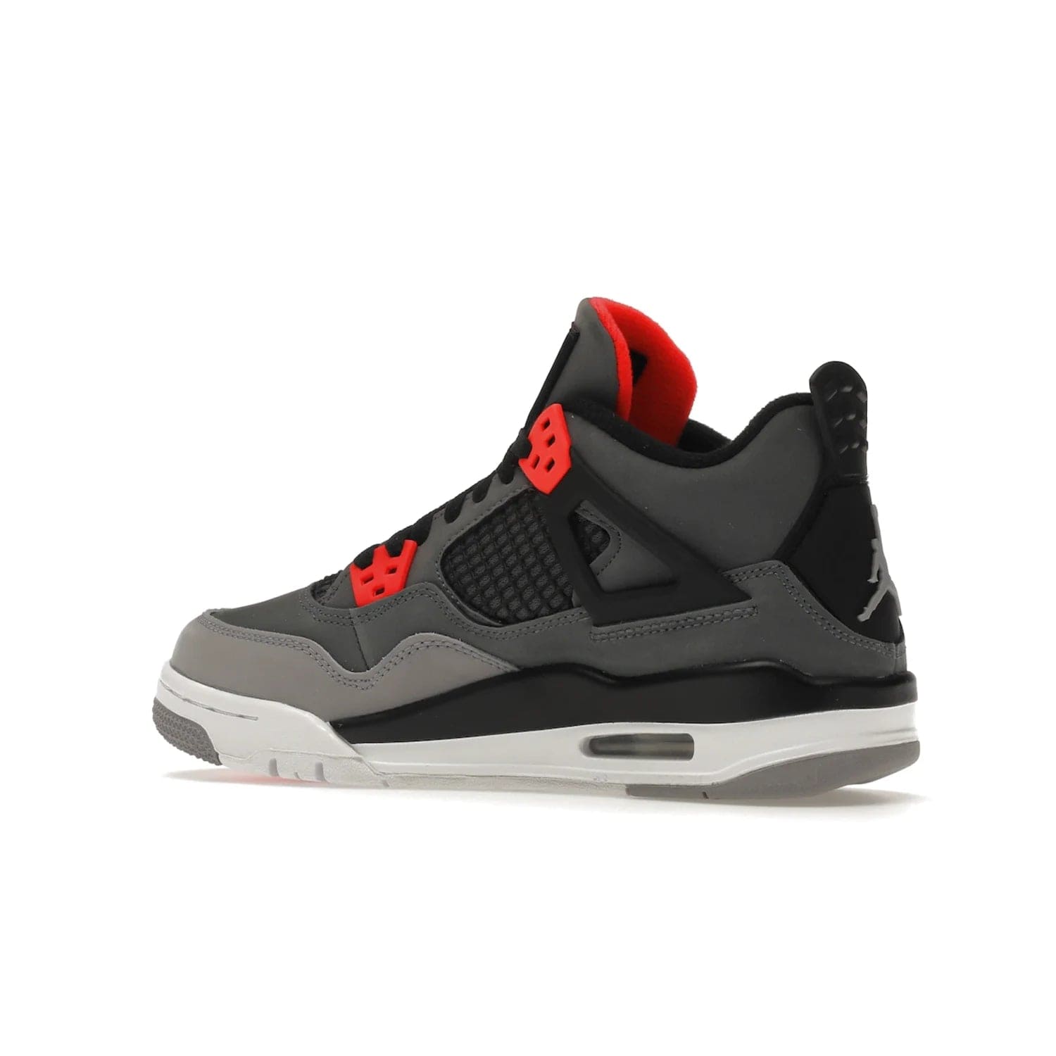 Jordan 4 Retro Infrared (GS) - Image 22 - Only at www.BallersClubKickz.com - Shop the Air Jordan 4 Retro Infrared (GS) for a classic silhouette with subtle yet bold features. Dark grey nubuck upper with lighter forefoot overlay, black accents, Infrared molded eyelets & woven tongue tag. Available June 2022.