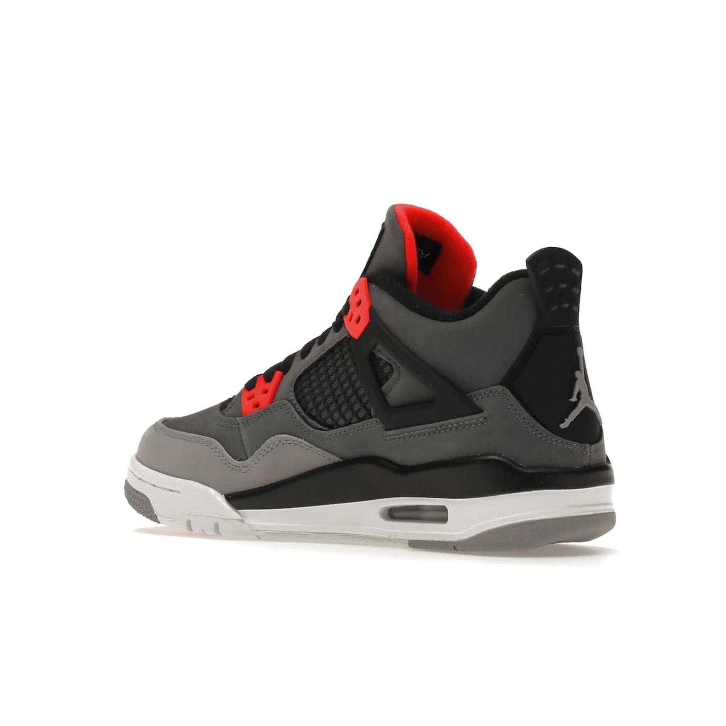 Jordan 4 Retro Infrared (GS) - Image 23 - Only at www.BallersClubKickz.com - Shop the Air Jordan 4 Retro Infrared (GS) for a classic silhouette with subtle yet bold features. Dark grey nubuck upper with lighter forefoot overlay, black accents, Infrared molded eyelets & woven tongue tag. Available June 2022.