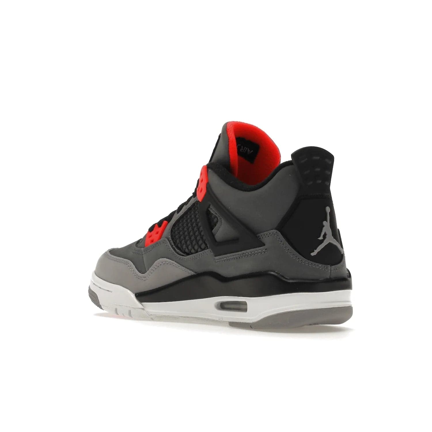 Jordan 4 Retro Infrared (GS) - Image 24 - Only at www.BallersClubKickz.com - Shop the Air Jordan 4 Retro Infrared (GS) for a classic silhouette with subtle yet bold features. Dark grey nubuck upper with lighter forefoot overlay, black accents, Infrared molded eyelets & woven tongue tag. Available June 2022.