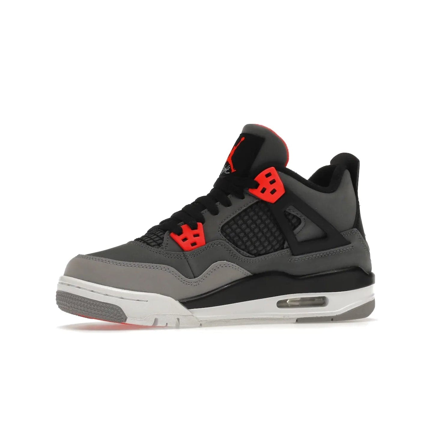 Jordan 4 Retro Infrared (GS) - Image 17 - Only at www.BallersClubKickz.com - Shop the Air Jordan 4 Retro Infrared (GS) for a classic silhouette with subtle yet bold features. Dark grey nubuck upper with lighter forefoot overlay, black accents, Infrared molded eyelets & woven tongue tag. Available June 2022.