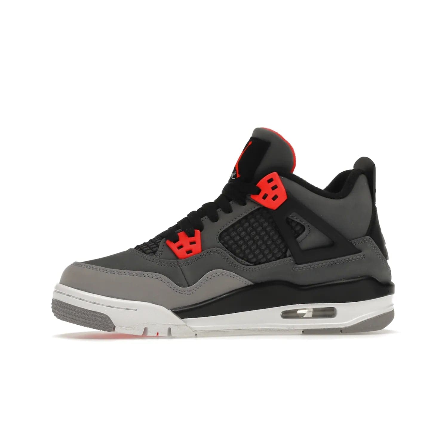 Jordan 4 Retro Infrared (GS) - Image 18 - Only at www.BallersClubKickz.com - Shop the Air Jordan 4 Retro Infrared (GS) for a classic silhouette with subtle yet bold features. Dark grey nubuck upper with lighter forefoot overlay, black accents, Infrared molded eyelets & woven tongue tag. Available June 2022.