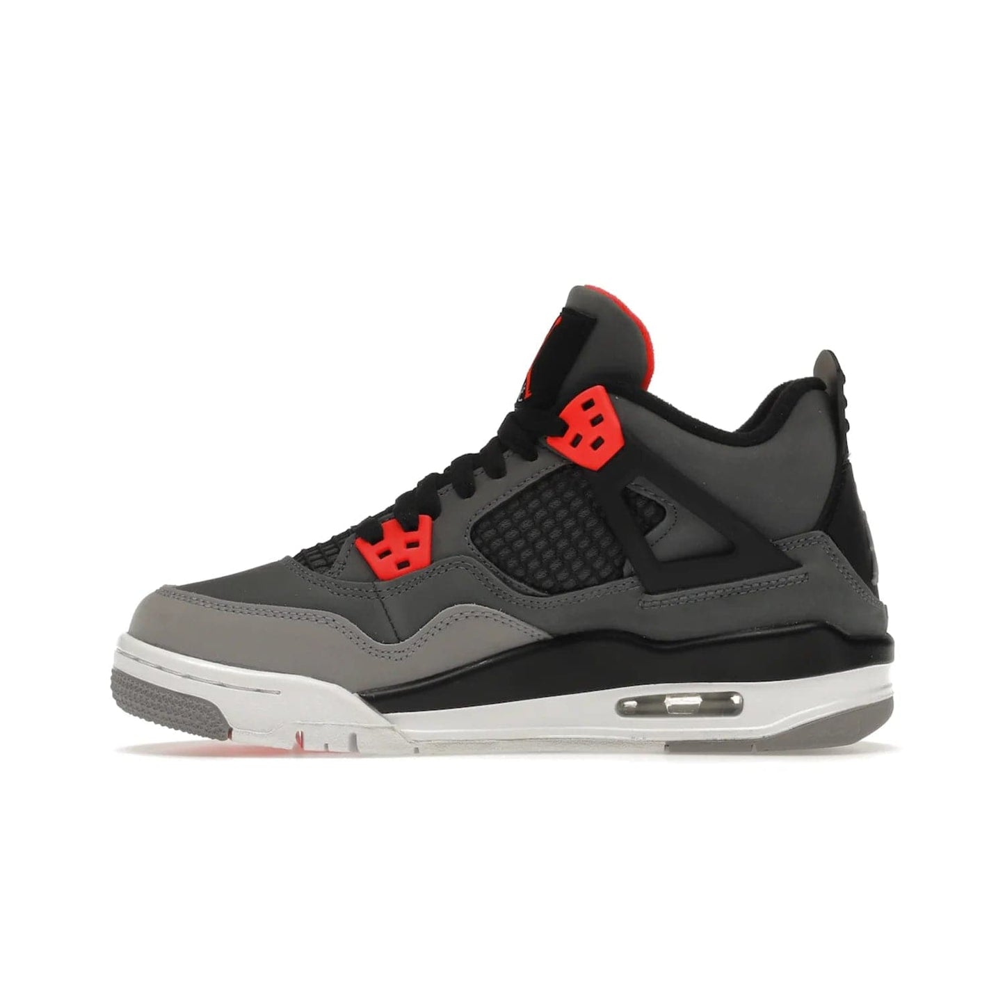 Jordan 4 Retro Infrared (GS) - Image 19 - Only at www.BallersClubKickz.com - Shop the Air Jordan 4 Retro Infrared (GS) for a classic silhouette with subtle yet bold features. Dark grey nubuck upper with lighter forefoot overlay, black accents, Infrared molded eyelets & woven tongue tag. Available June 2022.