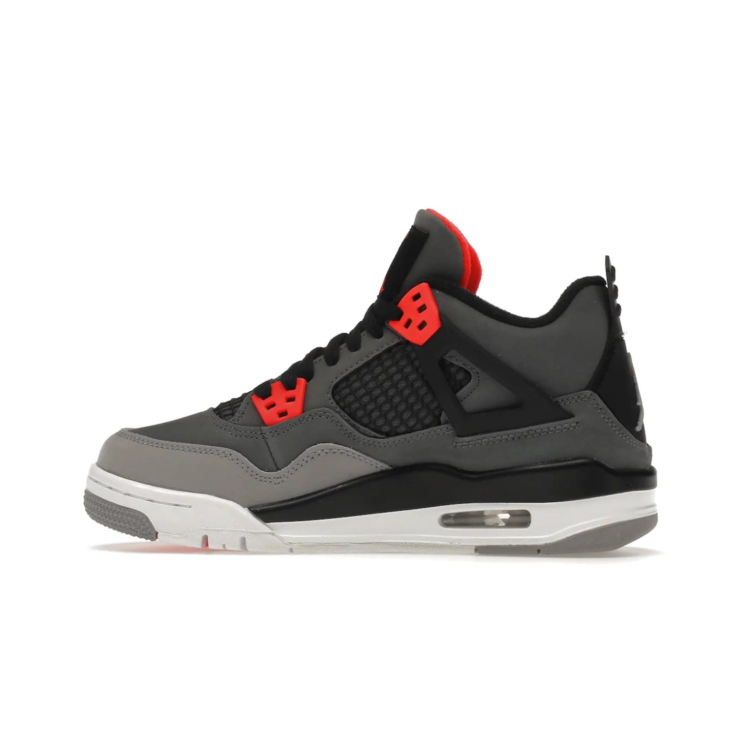 Jordan 4 Retro Infrared (GS) - Image 20 - Only at www.BallersClubKickz.com - Shop the Air Jordan 4 Retro Infrared (GS) for a classic silhouette with subtle yet bold features. Dark grey nubuck upper with lighter forefoot overlay, black accents, Infrared molded eyelets & woven tongue tag. Available June 2022.