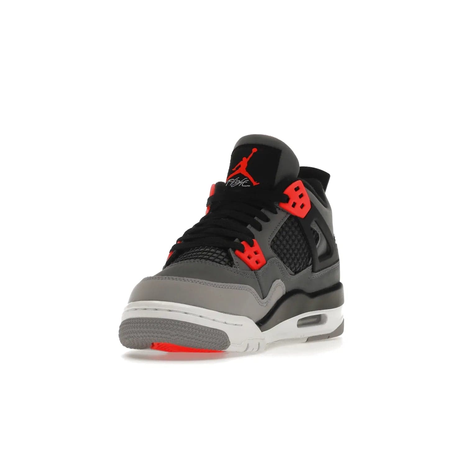 Jordan 4 Retro Infrared (GS) - Image 13 - Only at www.BallersClubKickz.com - Shop the Air Jordan 4 Retro Infrared (GS) for a classic silhouette with subtle yet bold features. Dark grey nubuck upper with lighter forefoot overlay, black accents, Infrared molded eyelets & woven tongue tag. Available June 2022.