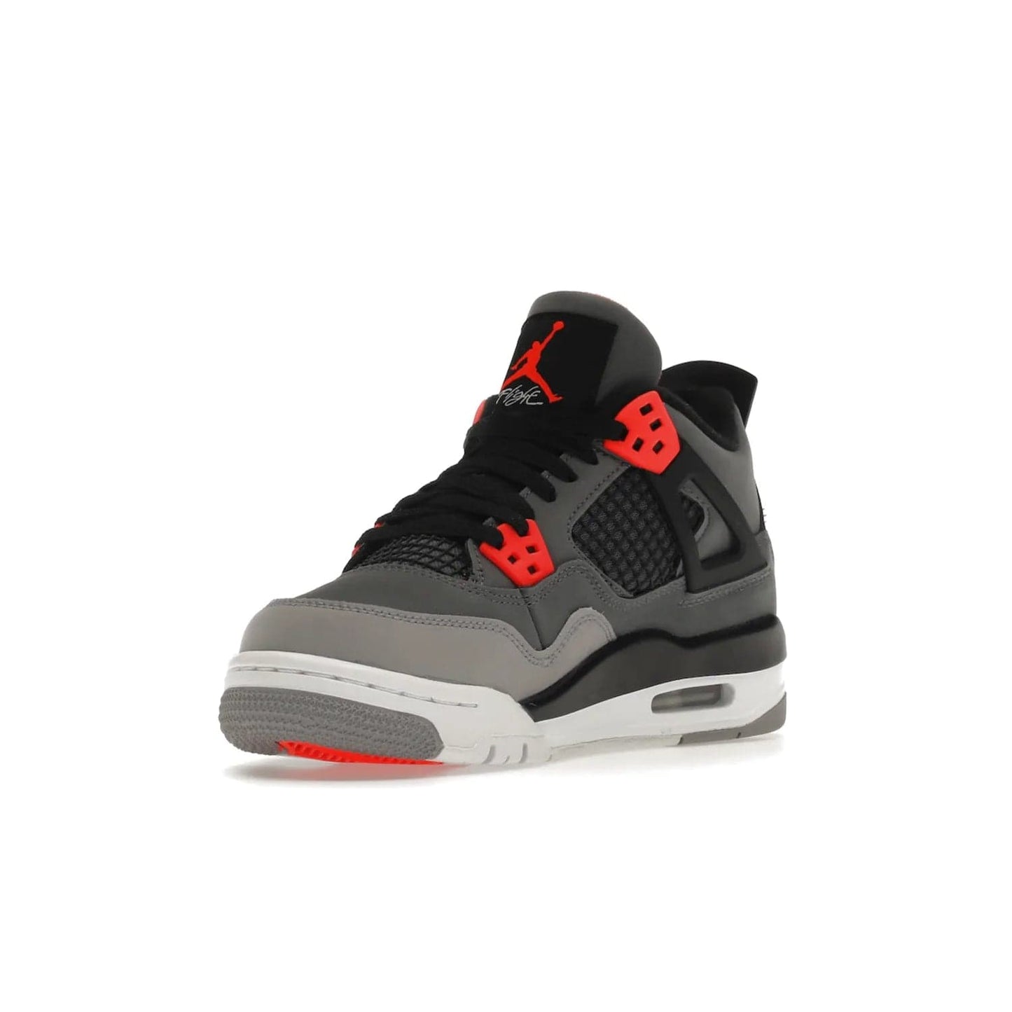 Jordan 4 Retro Infrared (GS) - Image 14 - Only at www.BallersClubKickz.com - Shop the Air Jordan 4 Retro Infrared (GS) for a classic silhouette with subtle yet bold features. Dark grey nubuck upper with lighter forefoot overlay, black accents, Infrared molded eyelets & woven tongue tag. Available June 2022.