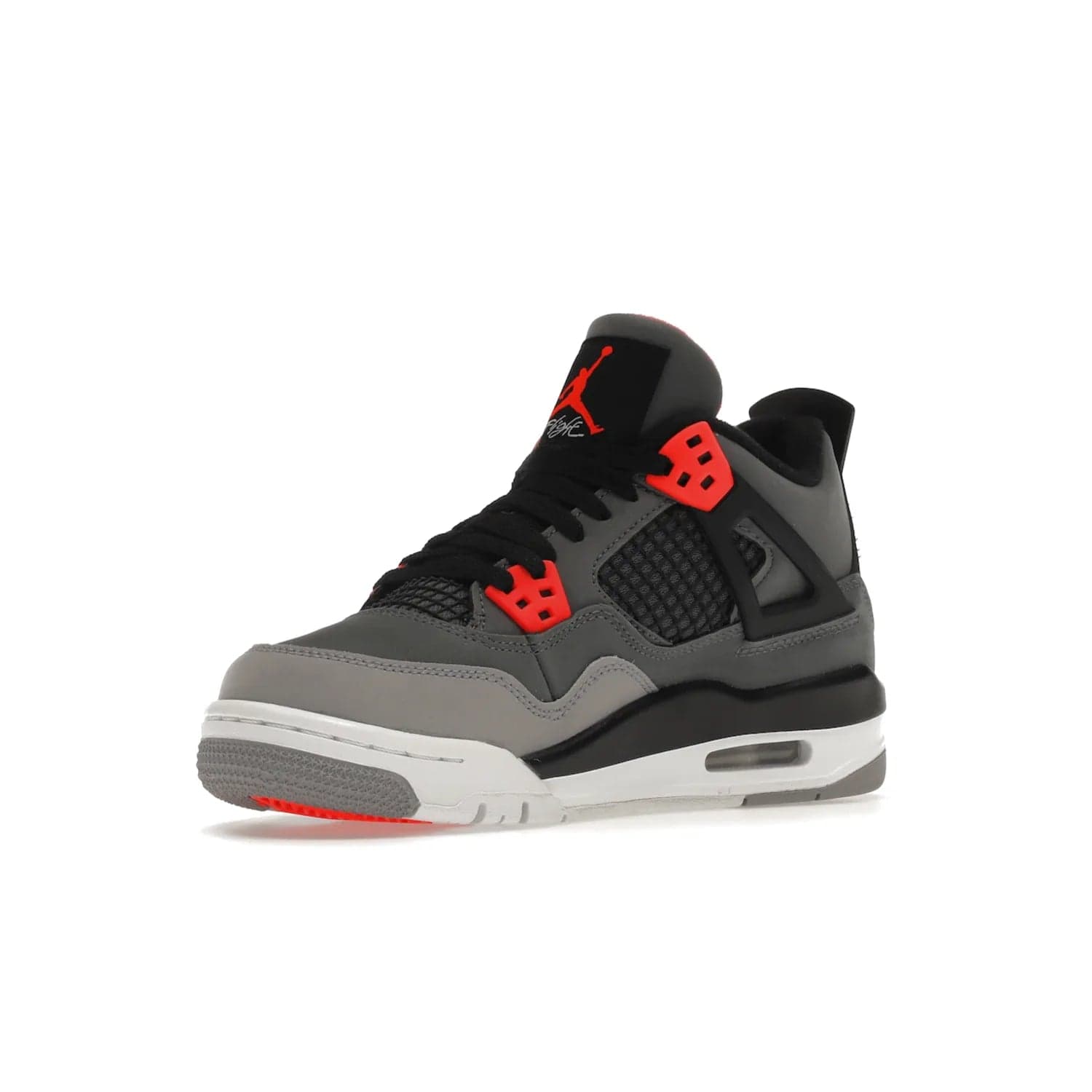 Jordan 4 Retro Infrared (GS) - Image 15 - Only at www.BallersClubKickz.com - Shop the Air Jordan 4 Retro Infrared (GS) for a classic silhouette with subtle yet bold features. Dark grey nubuck upper with lighter forefoot overlay, black accents, Infrared molded eyelets & woven tongue tag. Available June 2022.