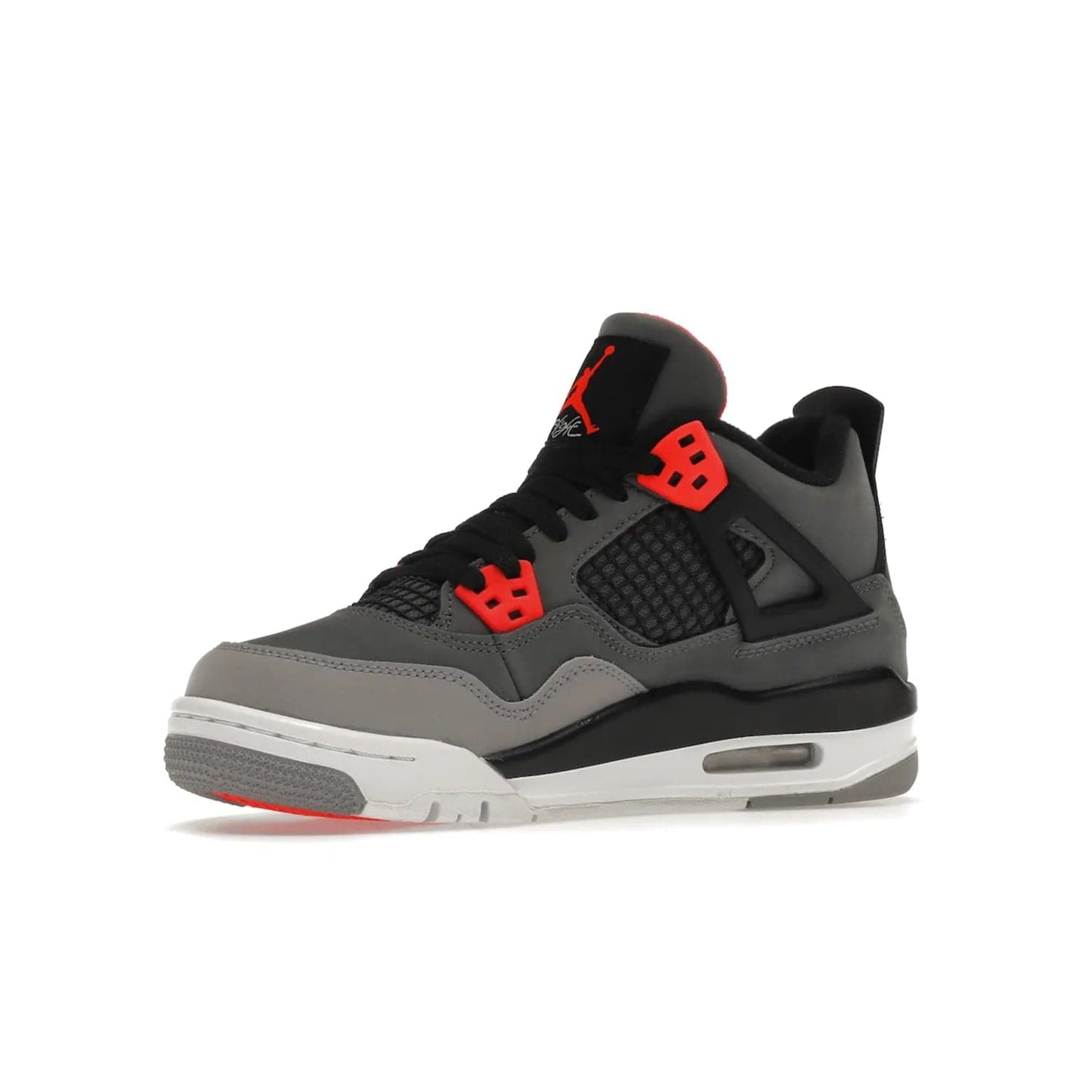 Jordan 4 Retro Infrared (GS) - Image 16 - Only at www.BallersClubKickz.com - Shop the Air Jordan 4 Retro Infrared (GS) for a classic silhouette with subtle yet bold features. Dark grey nubuck upper with lighter forefoot overlay, black accents, Infrared molded eyelets & woven tongue tag. Available June 2022.