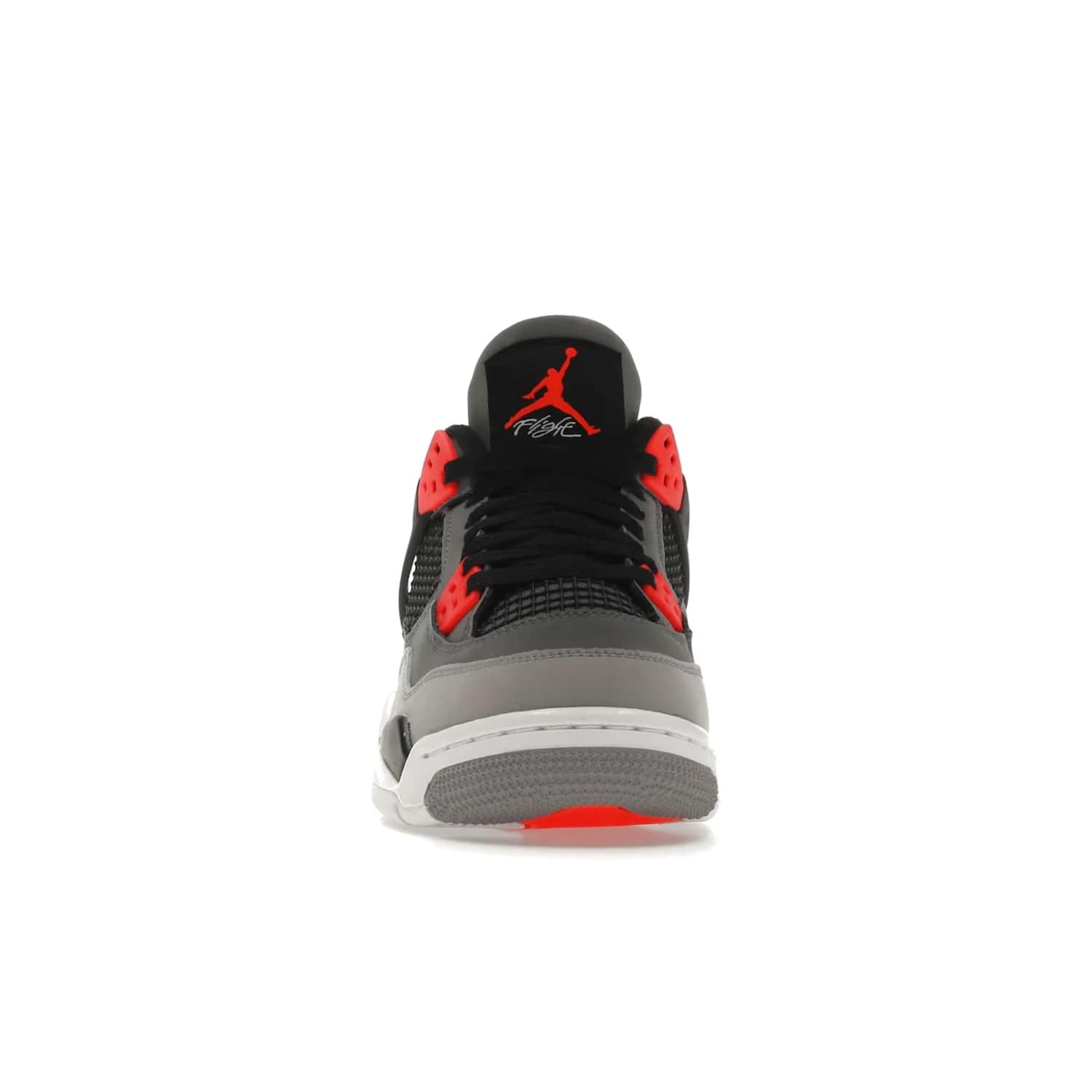 Jordan 4 Retro Infrared (GS) - Image 10 - Only at www.BallersClubKickz.com - Shop the Air Jordan 4 Retro Infrared (GS) for a classic silhouette with subtle yet bold features. Dark grey nubuck upper with lighter forefoot overlay, black accents, Infrared molded eyelets & woven tongue tag. Available June 2022.