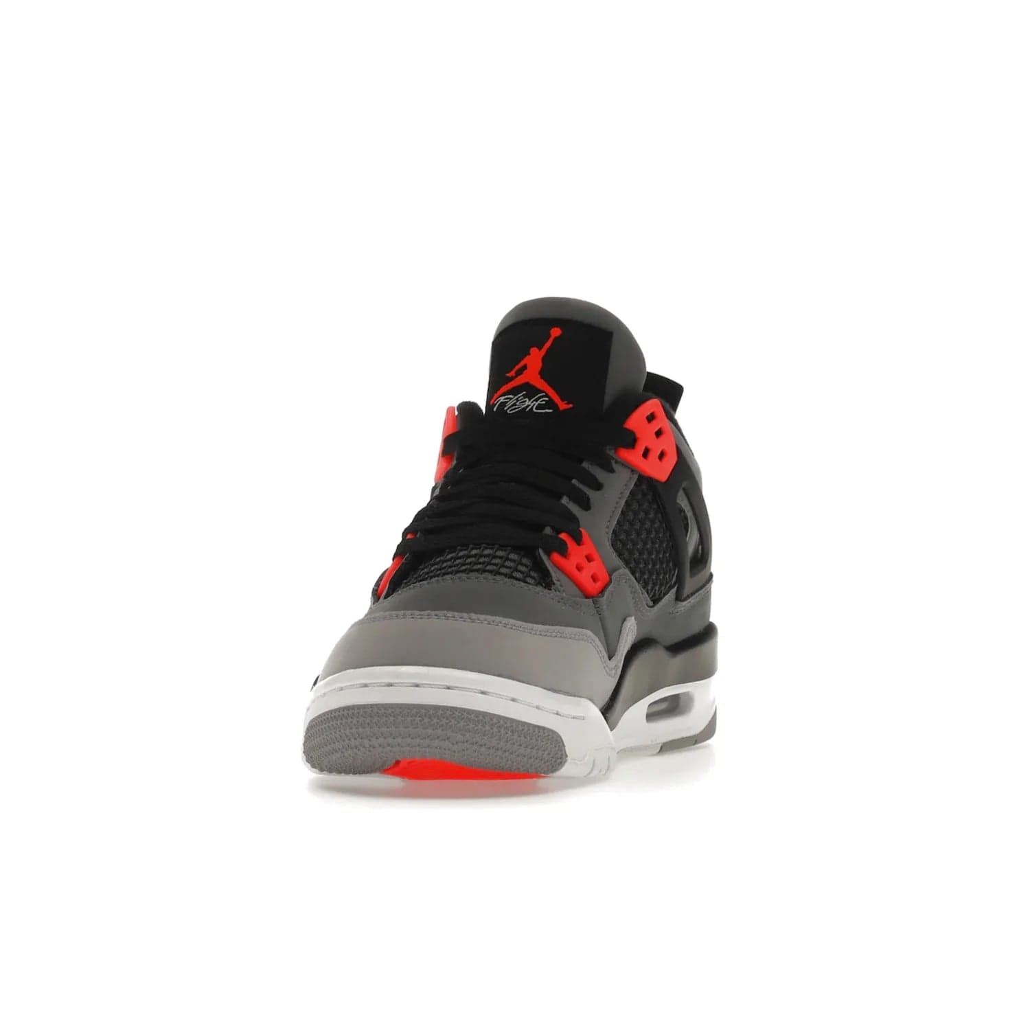 Jordan 4 Retro Infrared (GS) - Image 12 - Only at www.BallersClubKickz.com - Shop the Air Jordan 4 Retro Infrared (GS) for a classic silhouette with subtle yet bold features. Dark grey nubuck upper with lighter forefoot overlay, black accents, Infrared molded eyelets & woven tongue tag. Available June 2022.