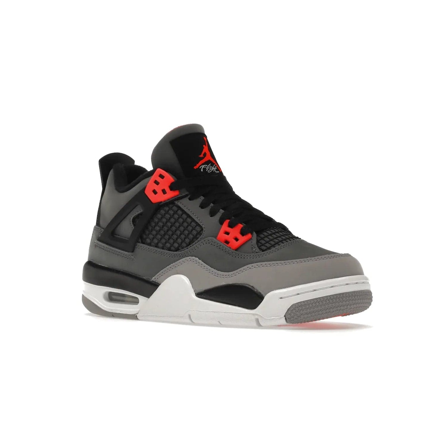 Jordan 4 Retro Infrared (GS) - Image 5 - Only at www.BallersClubKickz.com - Shop the Air Jordan 4 Retro Infrared (GS) for a classic silhouette with subtle yet bold features. Dark grey nubuck upper with lighter forefoot overlay, black accents, Infrared molded eyelets & woven tongue tag. Available June 2022.