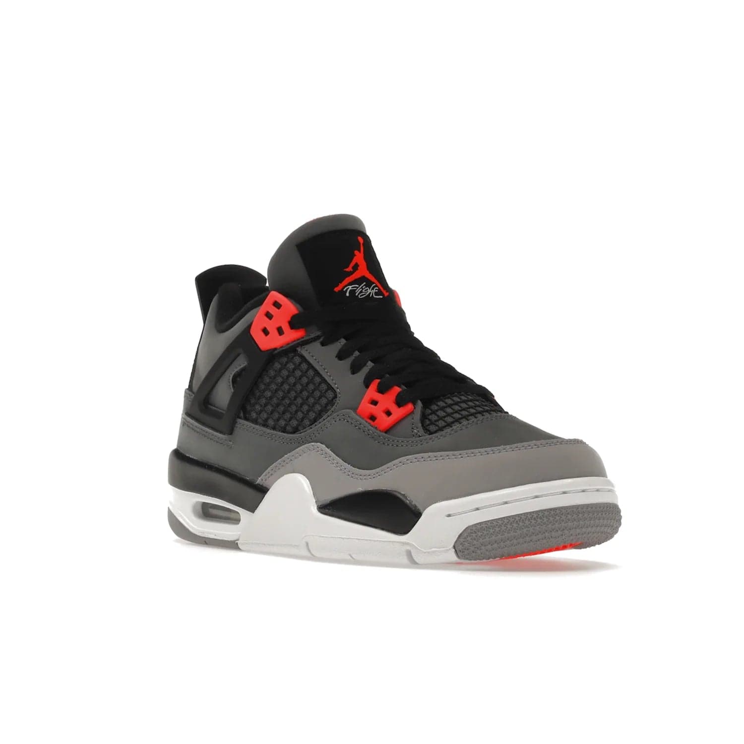 Jordan 4 Retro Infrared (GS) - Image 6 - Only at www.BallersClubKickz.com - Shop the Air Jordan 4 Retro Infrared (GS) for a classic silhouette with subtle yet bold features. Dark grey nubuck upper with lighter forefoot overlay, black accents, Infrared molded eyelets & woven tongue tag. Available June 2022.