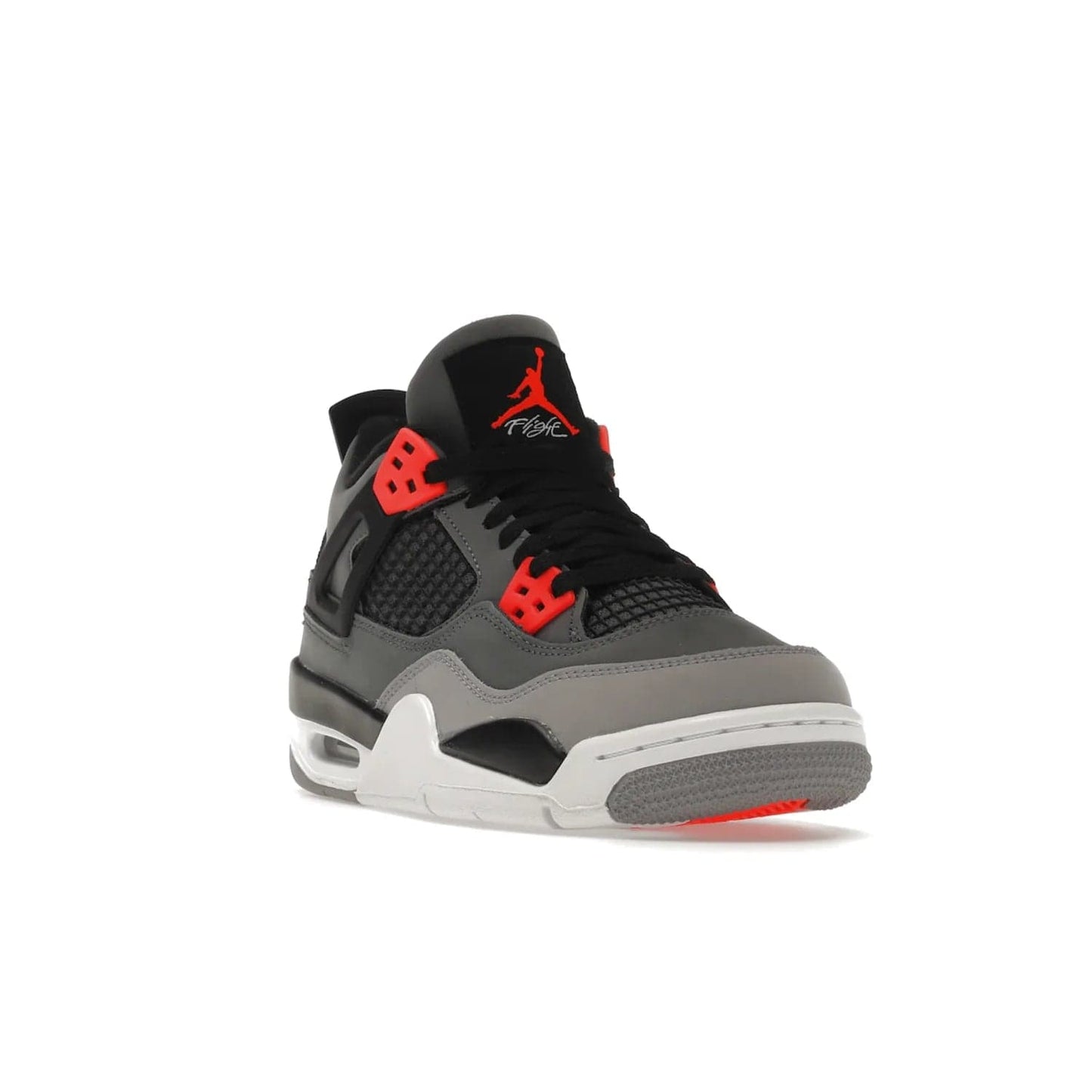 Jordan 4 Retro Infrared (GS) - Image 7 - Only at www.BallersClubKickz.com - Shop the Air Jordan 4 Retro Infrared (GS) for a classic silhouette with subtle yet bold features. Dark grey nubuck upper with lighter forefoot overlay, black accents, Infrared molded eyelets & woven tongue tag. Available June 2022.