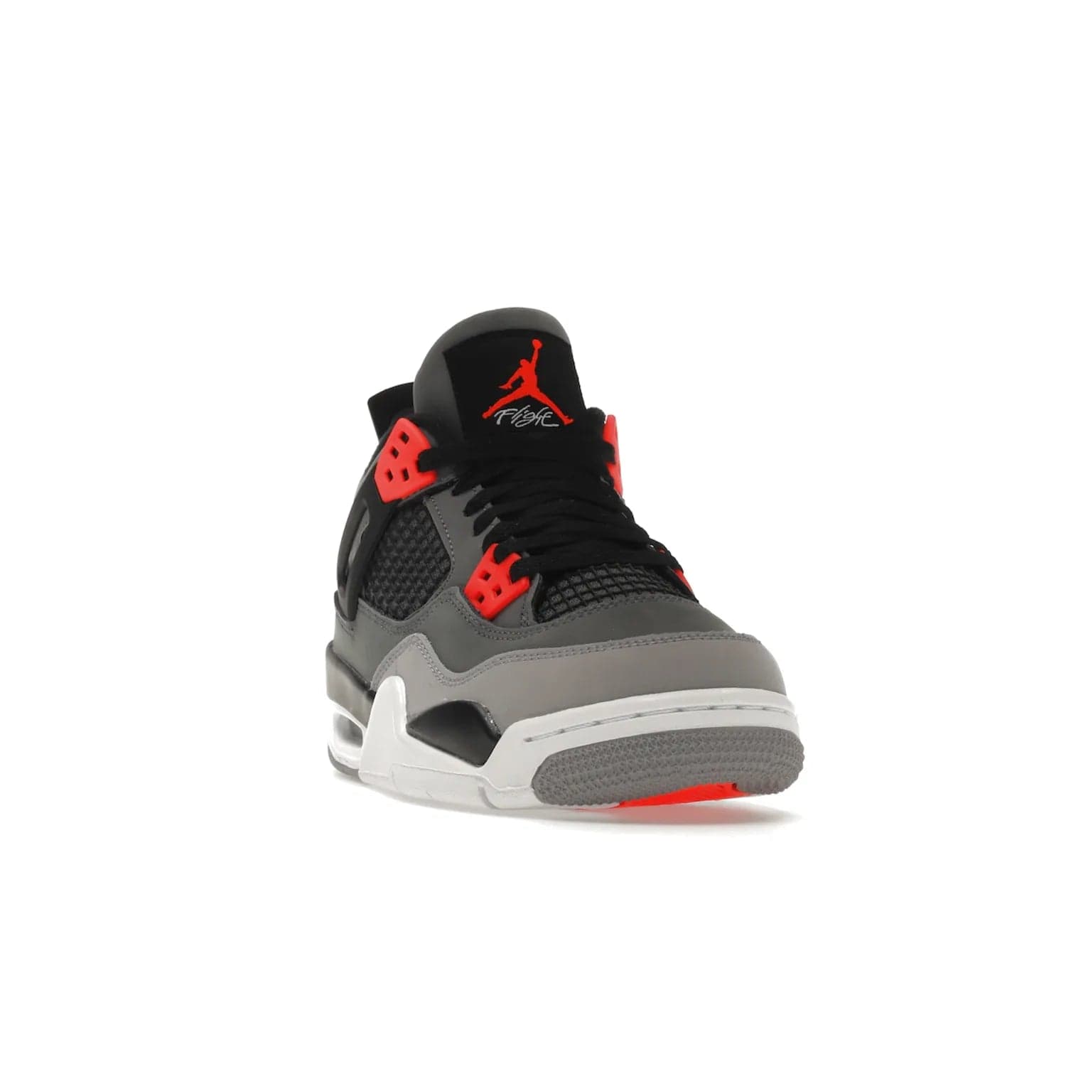 Jordan 4 Retro Infrared (GS) - Image 8 - Only at www.BallersClubKickz.com - Shop the Air Jordan 4 Retro Infrared (GS) for a classic silhouette with subtle yet bold features. Dark grey nubuck upper with lighter forefoot overlay, black accents, Infrared molded eyelets & woven tongue tag. Available June 2022.