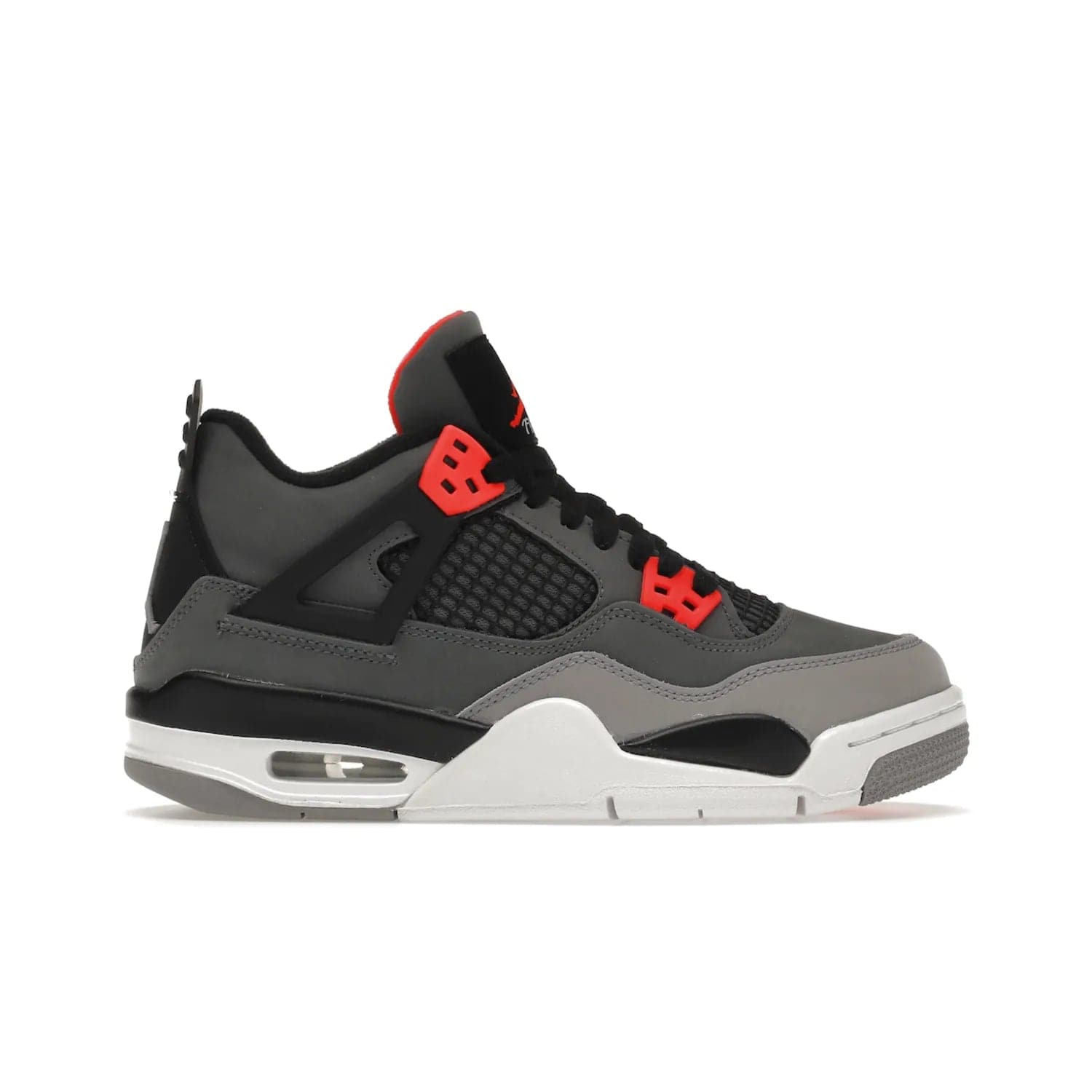 Jordan 4 Retro Infrared (GS) - Image 1 - Only at www.BallersClubKickz.com - Shop the Air Jordan 4 Retro Infrared (GS) for a classic silhouette with subtle yet bold features. Dark grey nubuck upper with lighter forefoot overlay, black accents, Infrared molded eyelets & woven tongue tag. Available June 2022.