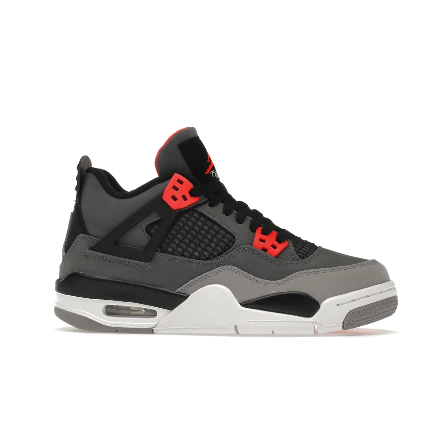 Jordan 4 Retro Infrared (GS) - Image 2 - Only at www.BallersClubKickz.com - Shop the Air Jordan 4 Retro Infrared (GS) for a classic silhouette with subtle yet bold features. Dark grey nubuck upper with lighter forefoot overlay, black accents, Infrared molded eyelets & woven tongue tag. Available June 2022.