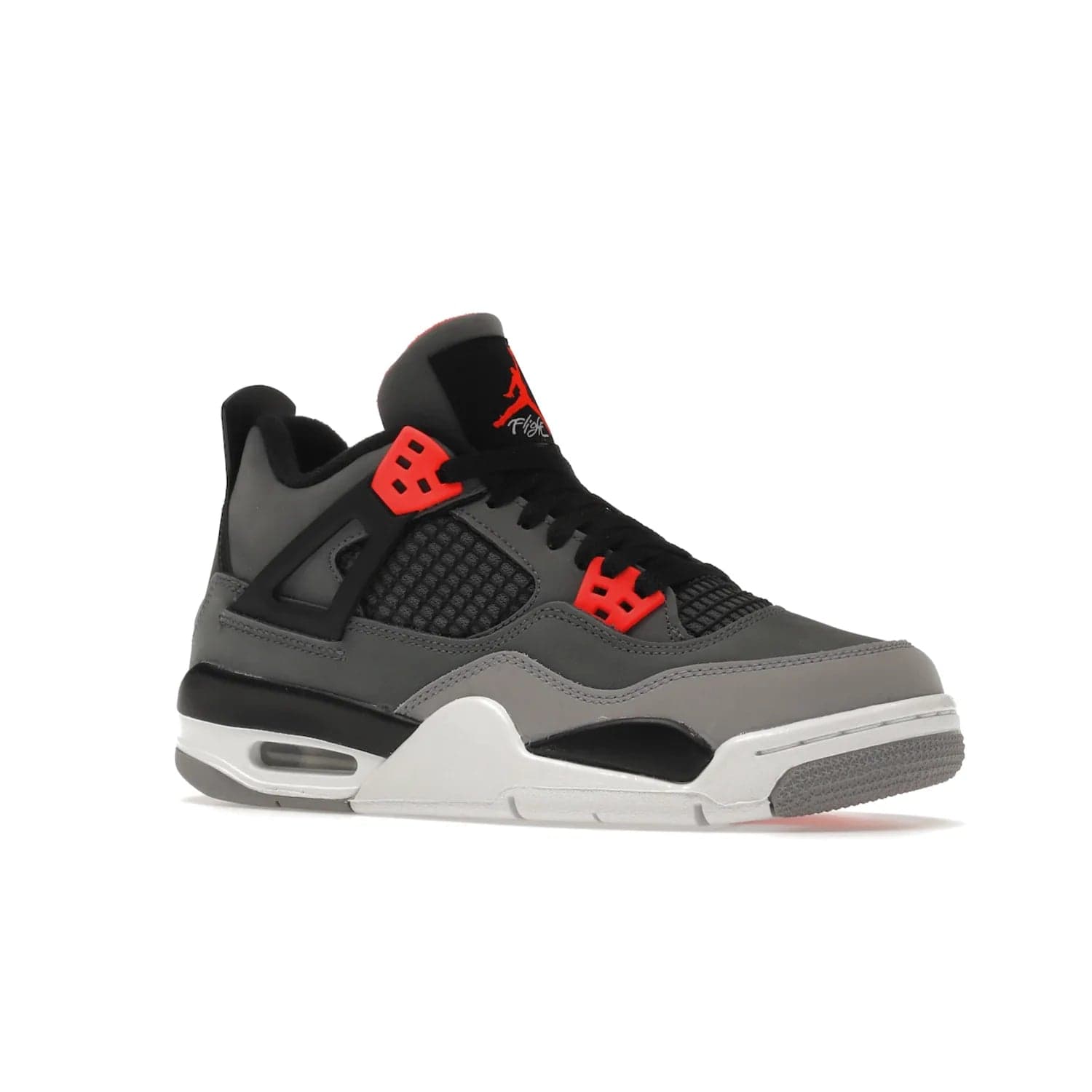 Jordan 4 Retro Infrared (GS) - Image 4 - Only at www.BallersClubKickz.com - Shop the Air Jordan 4 Retro Infrared (GS) for a classic silhouette with subtle yet bold features. Dark grey nubuck upper with lighter forefoot overlay, black accents, Infrared molded eyelets & woven tongue tag. Available June 2022.