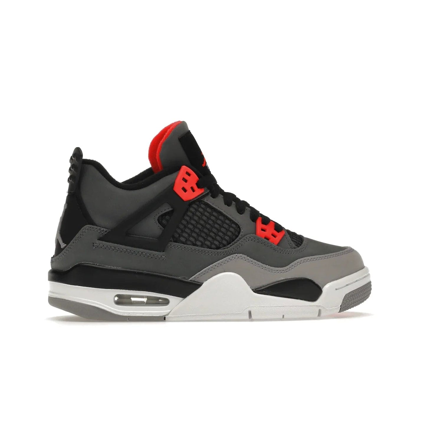 Jordan 4 Retro Infrared (GS) - Image 36 - Only at www.BallersClubKickz.com - Shop the Air Jordan 4 Retro Infrared (GS) for a classic silhouette with subtle yet bold features. Dark grey nubuck upper with lighter forefoot overlay, black accents, Infrared molded eyelets & woven tongue tag. Available June 2022.