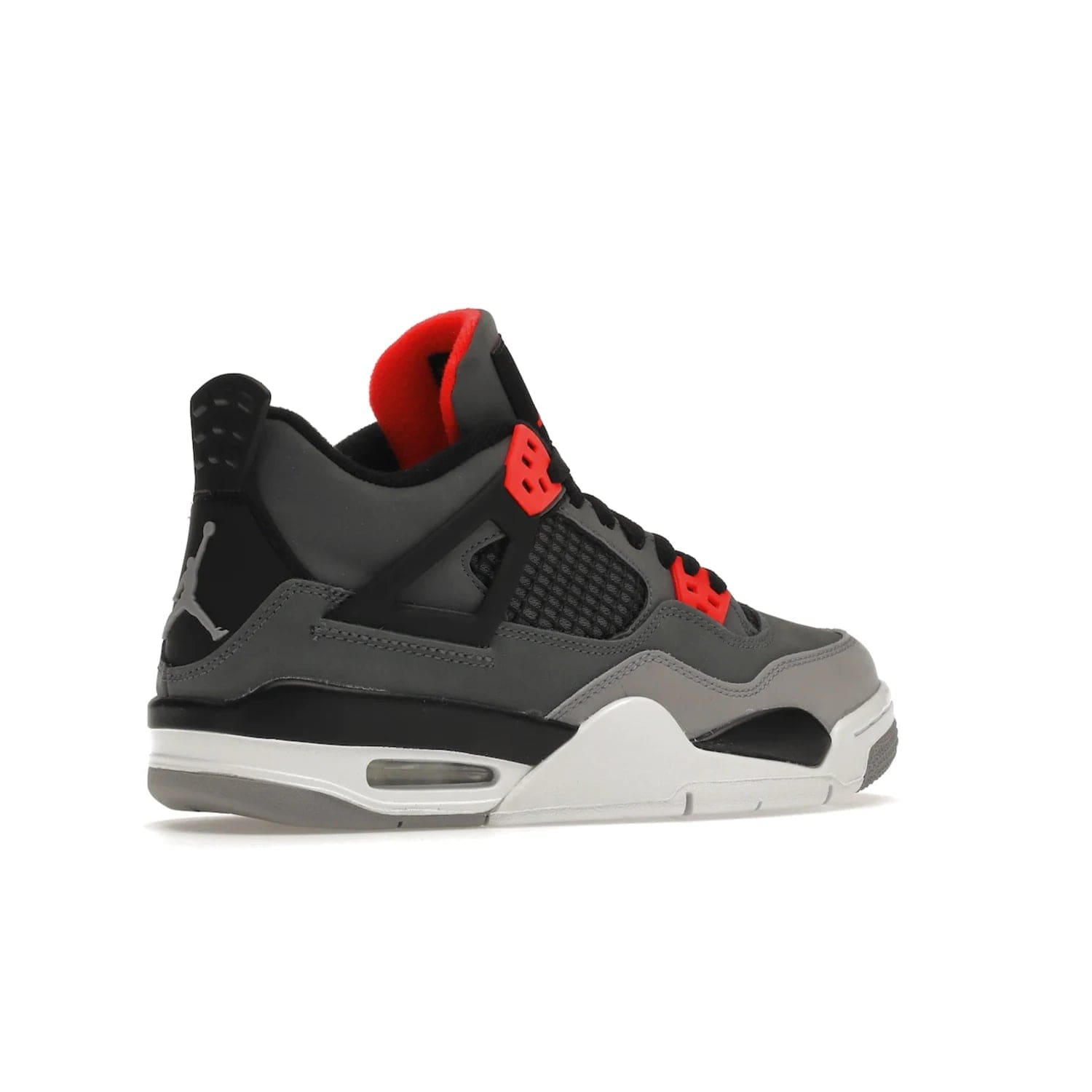 Jordan 4 Retro Infrared (GS) - Image 34 - Only at www.BallersClubKickz.com - Shop the Air Jordan 4 Retro Infrared (GS) for a classic silhouette with subtle yet bold features. Dark grey nubuck upper with lighter forefoot overlay, black accents, Infrared molded eyelets & woven tongue tag. Available June 2022.