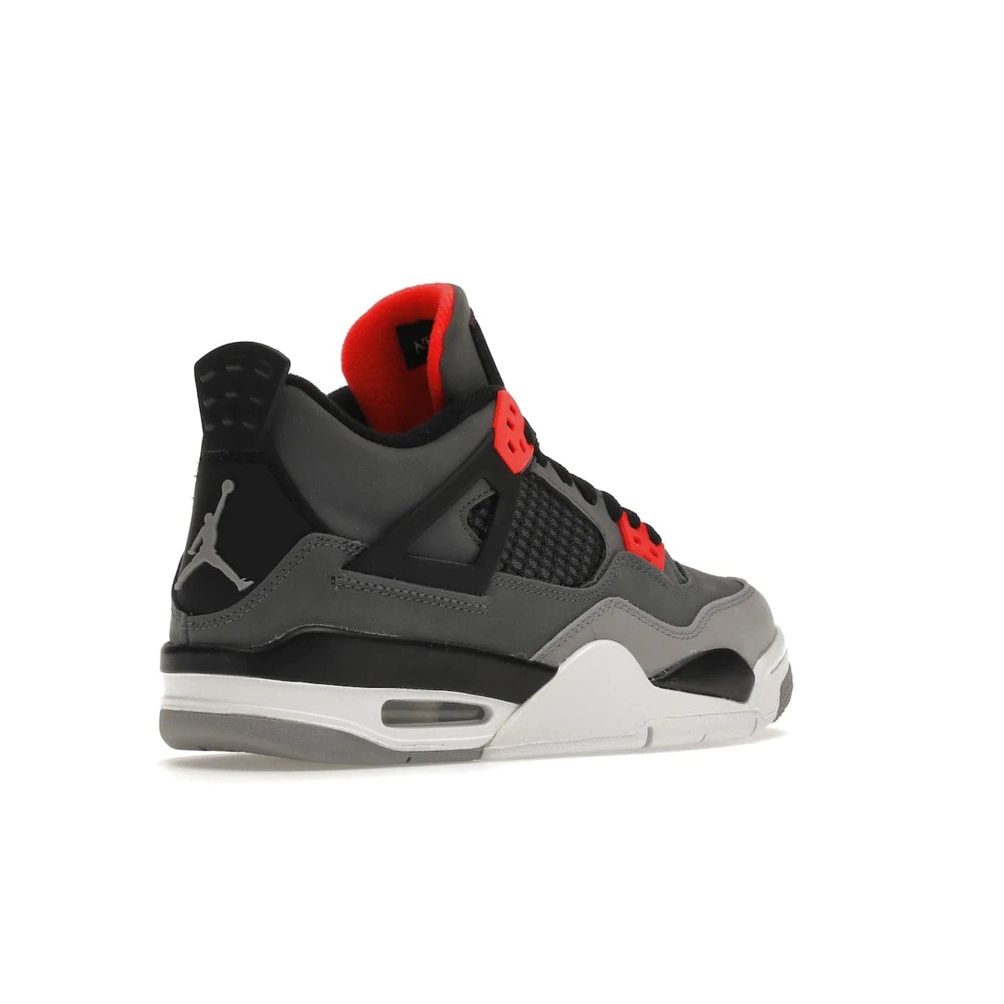 Jordan 4 Retro Infrared (GS) - Image 33 - Only at www.BallersClubKickz.com - Shop the Air Jordan 4 Retro Infrared (GS) for a classic silhouette with subtle yet bold features. Dark grey nubuck upper with lighter forefoot overlay, black accents, Infrared molded eyelets & woven tongue tag. Available June 2022.