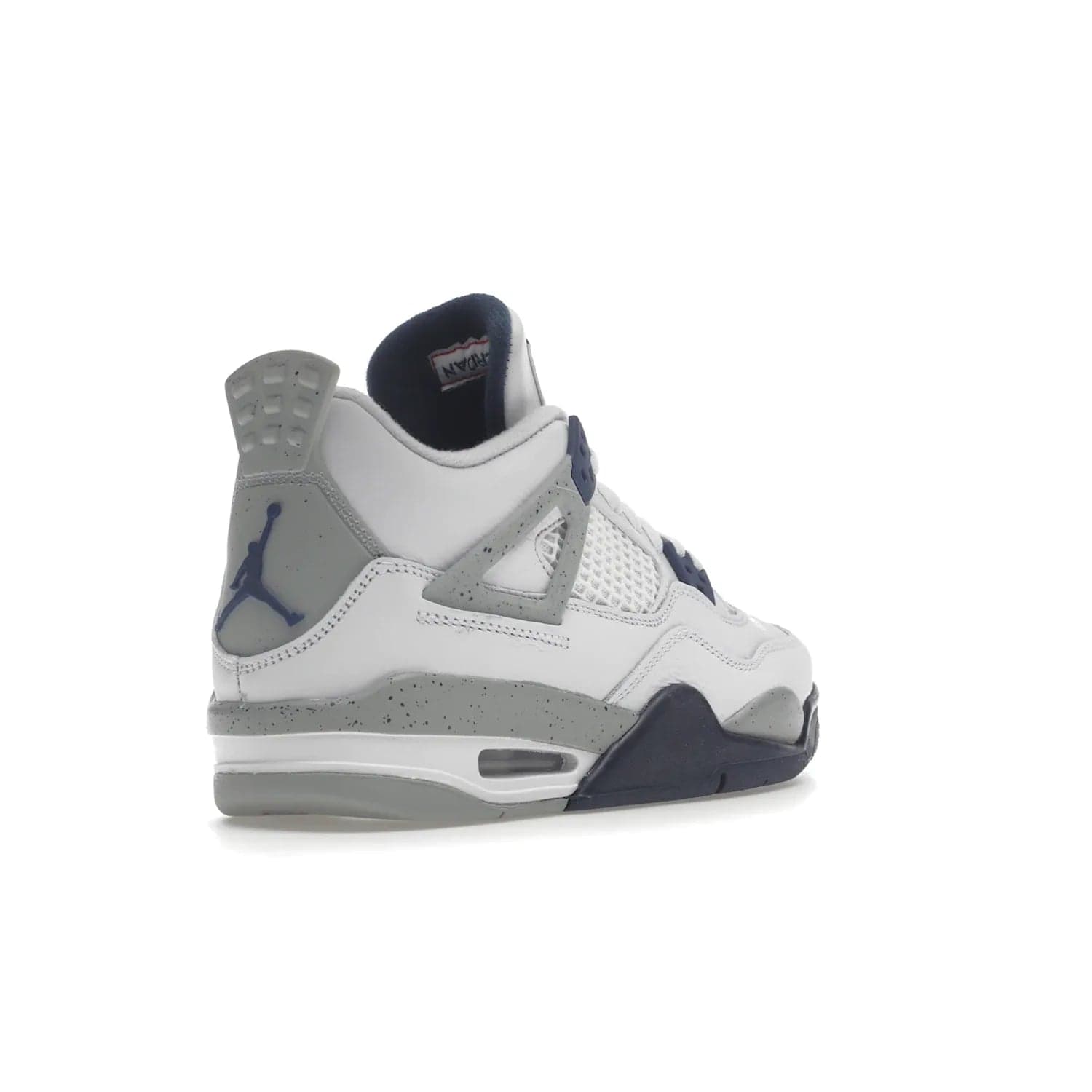Jordan 4 Retro Midnight Navy (GS) - Image 32 - Only at www.BallersClubKickz.com - Shop the Air Jordan 4 Retro Midnight Navy GS. The white leather upper features black support wings & heel tab, navy eyelets & woven tongue tag with Jumpman logos. The midsole features two-tone polyurethane insole & AIR units in the heel & forefoot. Get the white/midnight navy/light smoke grey/fire colorway & show off your style.