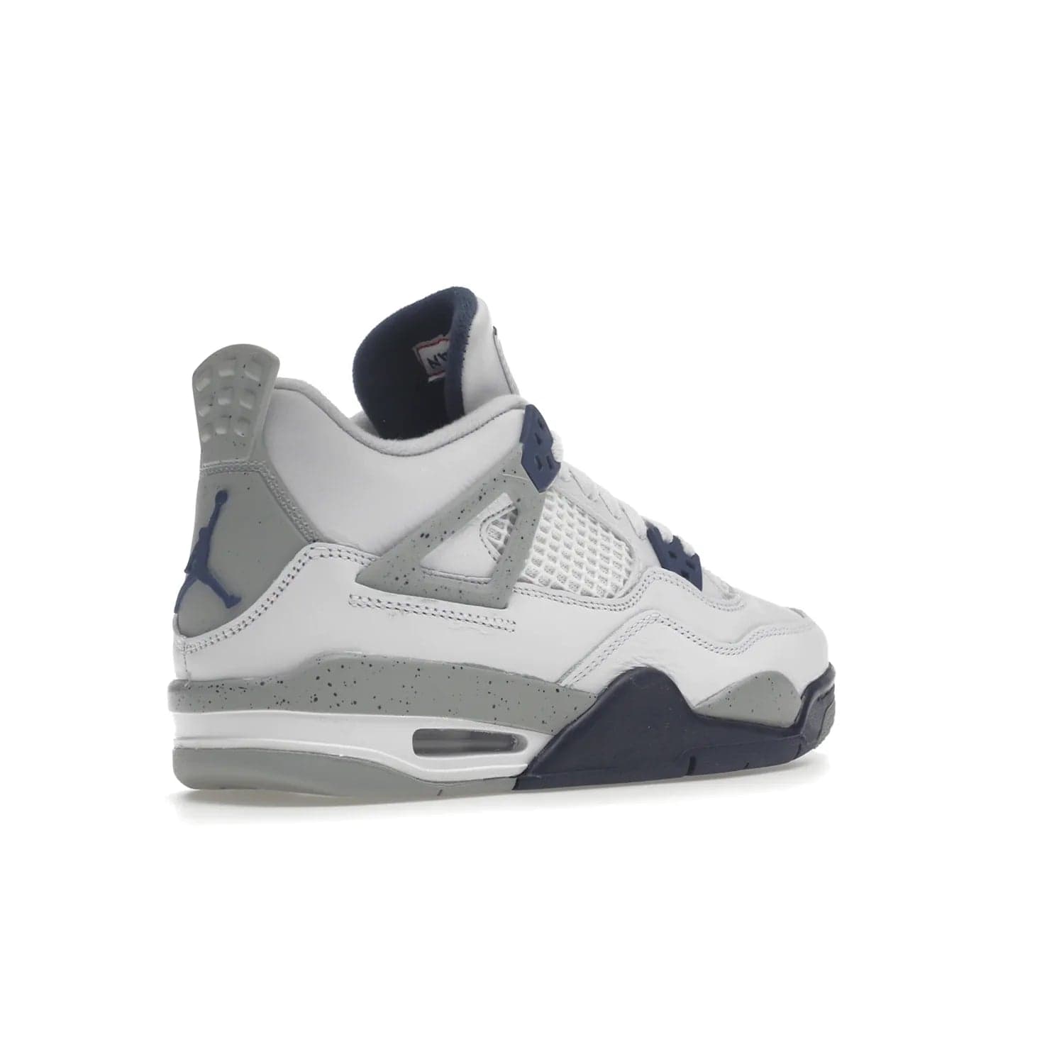 Jordan 4 Retro Midnight Navy (GS) - Image 33 - Only at www.BallersClubKickz.com - Shop the Air Jordan 4 Retro Midnight Navy GS. The white leather upper features black support wings & heel tab, navy eyelets & woven tongue tag with Jumpman logos. The midsole features two-tone polyurethane insole & AIR units in the heel & forefoot. Get the white/midnight navy/light smoke grey/fire colorway & show off your style.