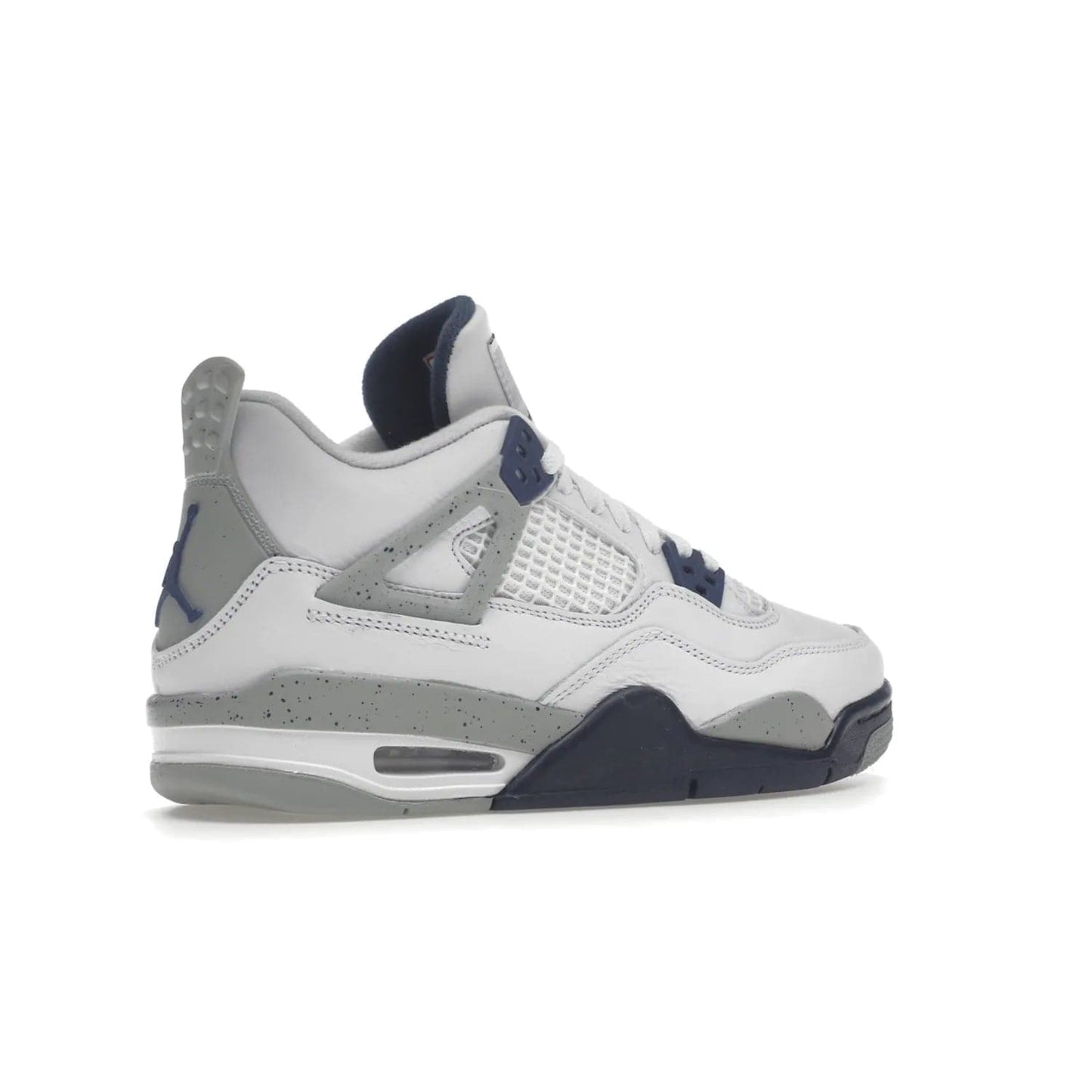 Jordan 4 Retro Midnight Navy (GS) - Image 34 - Only at www.BallersClubKickz.com - Shop the Air Jordan 4 Retro Midnight Navy GS. The white leather upper features black support wings & heel tab, navy eyelets & woven tongue tag with Jumpman logos. The midsole features two-tone polyurethane insole & AIR units in the heel & forefoot. Get the white/midnight navy/light smoke grey/fire colorway & show off your style.
