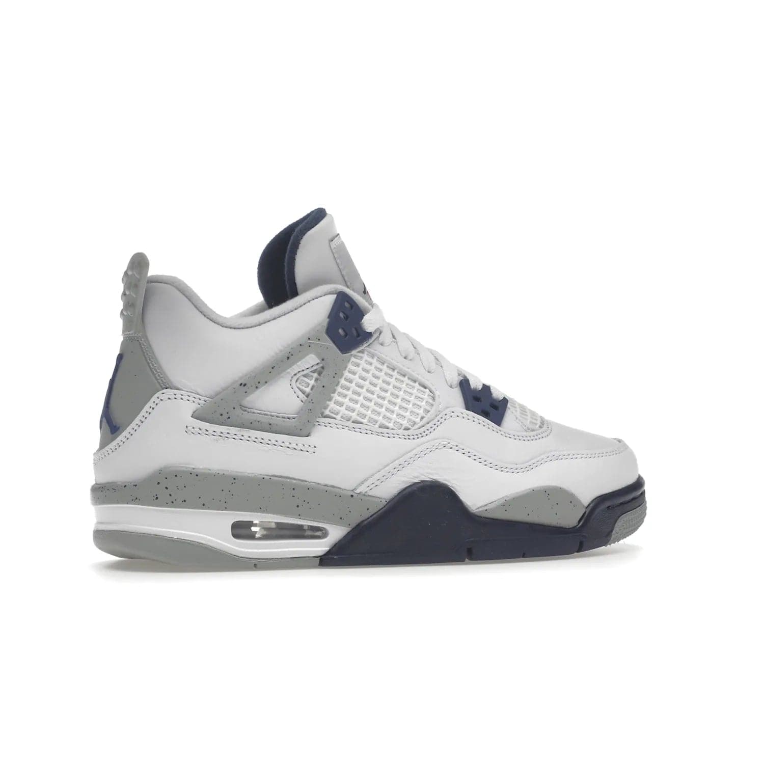 Jordan 4 Retro Midnight Navy (GS) - Image 35 - Only at www.BallersClubKickz.com - Shop the Air Jordan 4 Retro Midnight Navy GS. The white leather upper features black support wings & heel tab, navy eyelets & woven tongue tag with Jumpman logos. The midsole features two-tone polyurethane insole & AIR units in the heel & forefoot. Get the white/midnight navy/light smoke grey/fire colorway & show off your style.