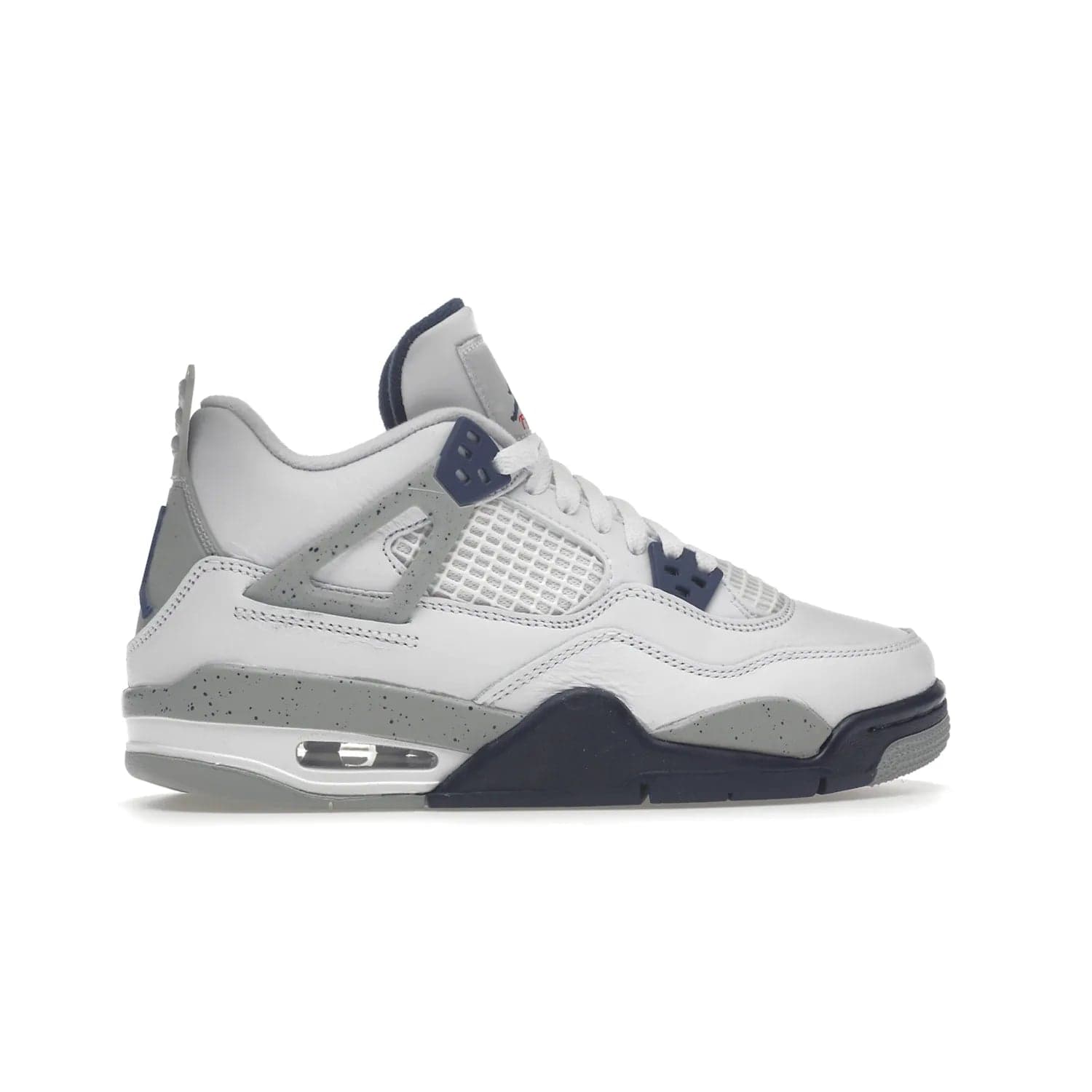 Jordan 4 Retro Midnight Navy (GS) - Image 36 - Only at www.BallersClubKickz.com - Shop the Air Jordan 4 Retro Midnight Navy GS. The white leather upper features black support wings & heel tab, navy eyelets & woven tongue tag with Jumpman logos. The midsole features two-tone polyurethane insole & AIR units in the heel & forefoot. Get the white/midnight navy/light smoke grey/fire colorway & show off your style.