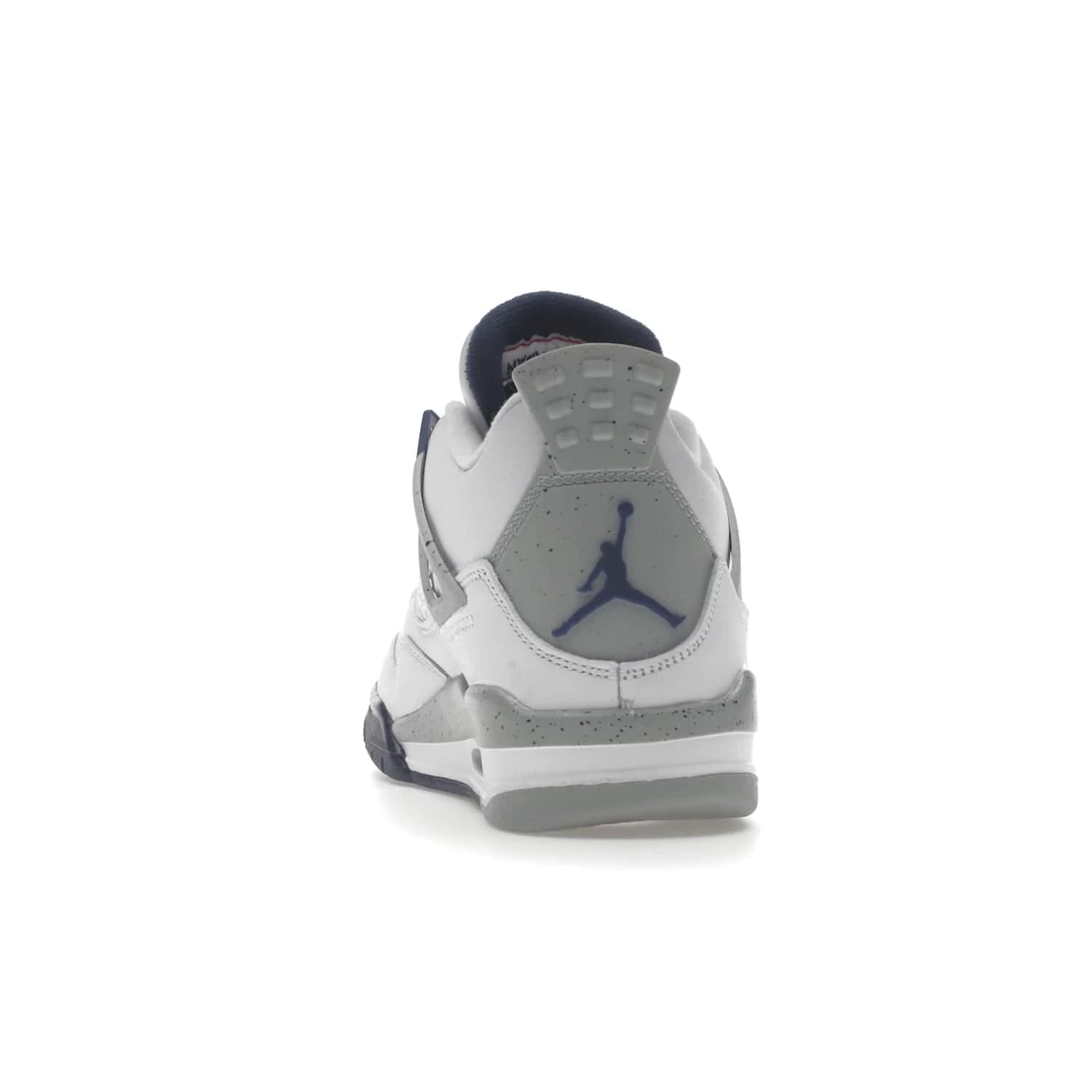 Jordan 4 Retro Midnight Navy (GS) - Image 27 - Only at www.BallersClubKickz.com - Shop the Air Jordan 4 Retro Midnight Navy GS. The white leather upper features black support wings & heel tab, navy eyelets & woven tongue tag with Jumpman logos. The midsole features two-tone polyurethane insole & AIR units in the heel & forefoot. Get the white/midnight navy/light smoke grey/fire colorway & show off your style.