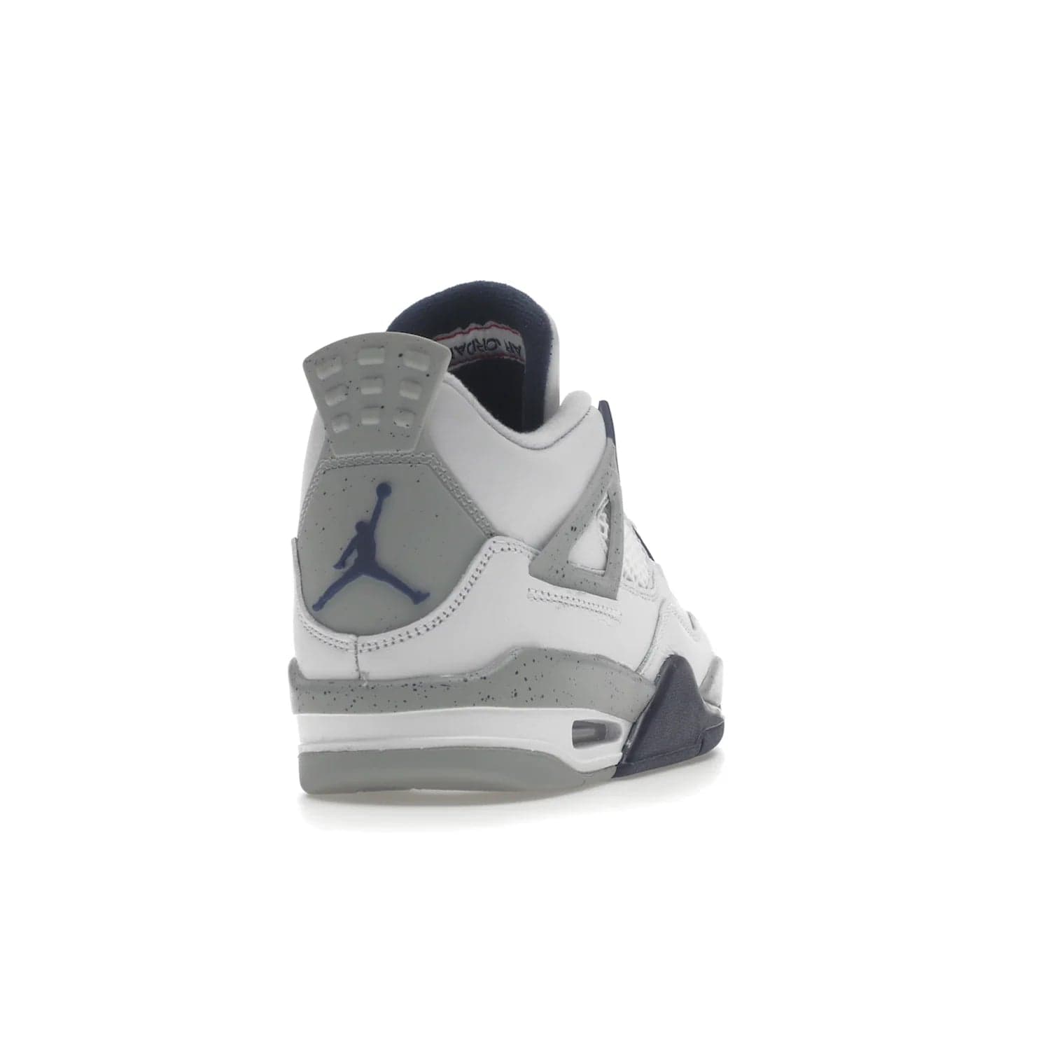 Jordan 4 Retro Midnight Navy (GS) - Image 30 - Only at www.BallersClubKickz.com - Shop the Air Jordan 4 Retro Midnight Navy GS. The white leather upper features black support wings & heel tab, navy eyelets & woven tongue tag with Jumpman logos. The midsole features two-tone polyurethane insole & AIR units in the heel & forefoot. Get the white/midnight navy/light smoke grey/fire colorway & show off your style.