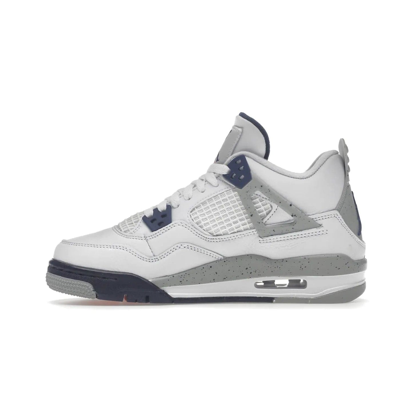 Jordan 4 Retro Midnight Navy (GS) - Image 19 - Only at www.BallersClubKickz.com - Shop the Air Jordan 4 Retro Midnight Navy GS. The white leather upper features black support wings & heel tab, navy eyelets & woven tongue tag with Jumpman logos. The midsole features two-tone polyurethane insole & AIR units in the heel & forefoot. Get the white/midnight navy/light smoke grey/fire colorway & show off your style.
