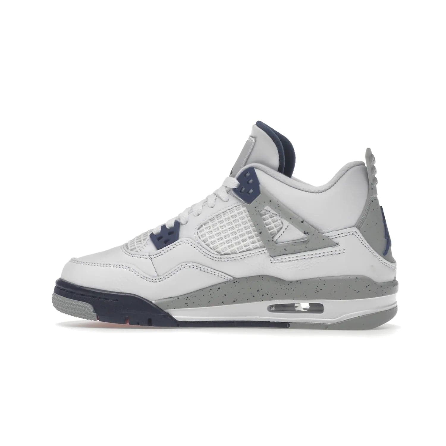 Jordan 4 Retro Midnight Navy (GS) - Image 20 - Only at www.BallersClubKickz.com - Shop the Air Jordan 4 Retro Midnight Navy GS. The white leather upper features black support wings & heel tab, navy eyelets & woven tongue tag with Jumpman logos. The midsole features two-tone polyurethane insole & AIR units in the heel & forefoot. Get the white/midnight navy/light smoke grey/fire colorway & show off your style.