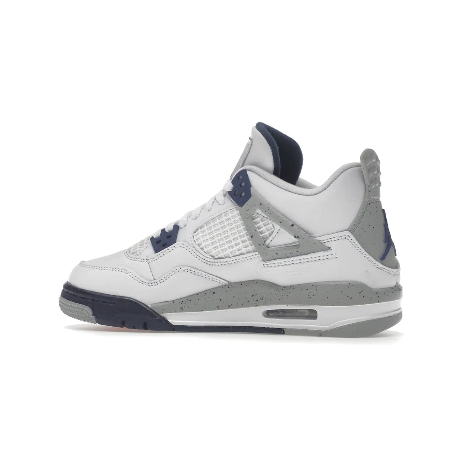 Jordan 4 Retro Midnight Navy (GS) - Image 21 - Only at www.BallersClubKickz.com - Shop the Air Jordan 4 Retro Midnight Navy GS. The white leather upper features black support wings & heel tab, navy eyelets & woven tongue tag with Jumpman logos. The midsole features two-tone polyurethane insole & AIR units in the heel & forefoot. Get the white/midnight navy/light smoke grey/fire colorway & show off your style.