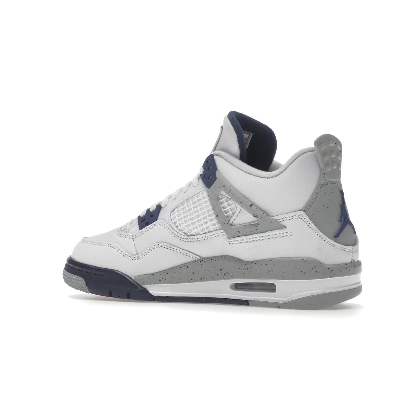 Jordan 4 Retro Midnight Navy (GS) - Image 22 - Only at www.BallersClubKickz.com - Shop the Air Jordan 4 Retro Midnight Navy GS. The white leather upper features black support wings & heel tab, navy eyelets & woven tongue tag with Jumpman logos. The midsole features two-tone polyurethane insole & AIR units in the heel & forefoot. Get the white/midnight navy/light smoke grey/fire colorway & show off your style.
