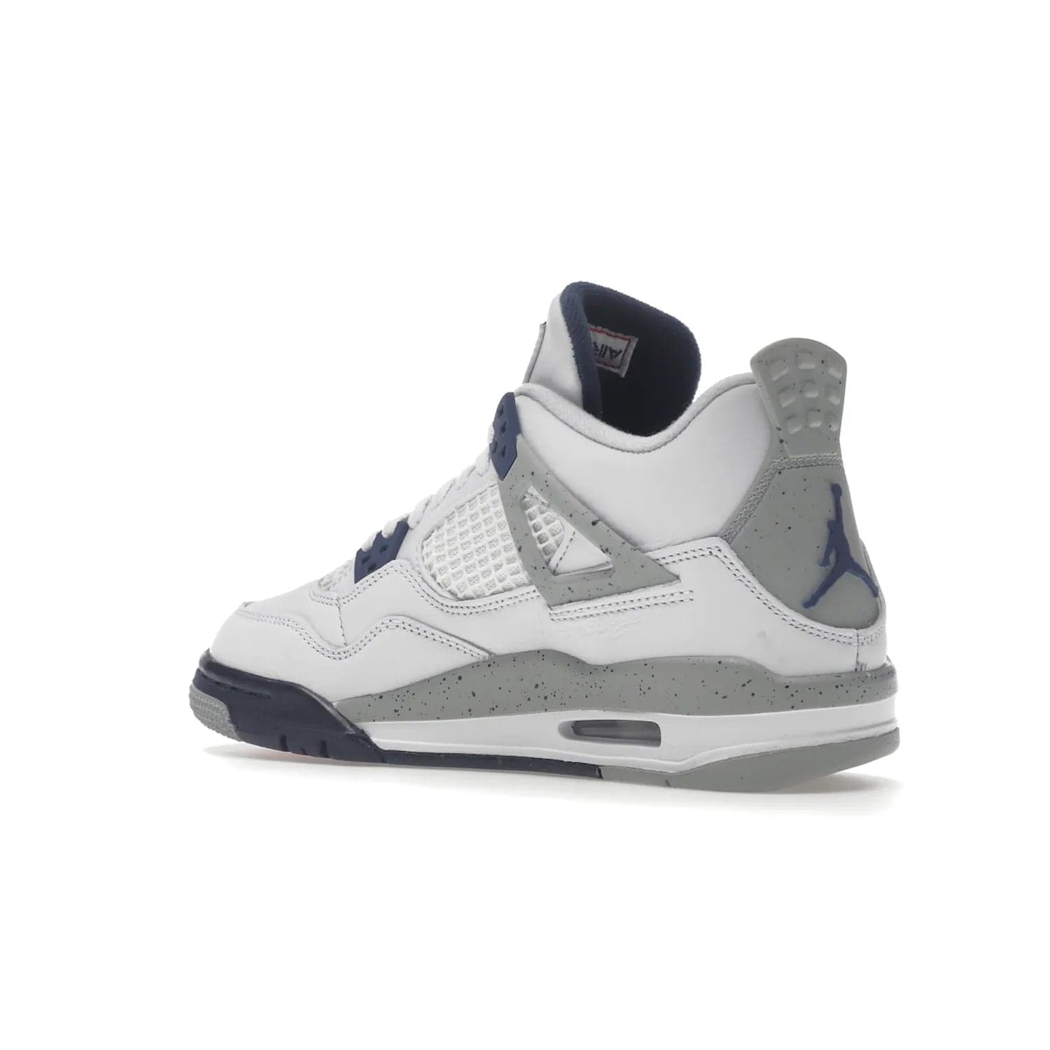 Jordan 4 Retro Midnight Navy (GS) - Image 23 - Only at www.BallersClubKickz.com - Shop the Air Jordan 4 Retro Midnight Navy GS. The white leather upper features black support wings & heel tab, navy eyelets & woven tongue tag with Jumpman logos. The midsole features two-tone polyurethane insole & AIR units in the heel & forefoot. Get the white/midnight navy/light smoke grey/fire colorway & show off your style.