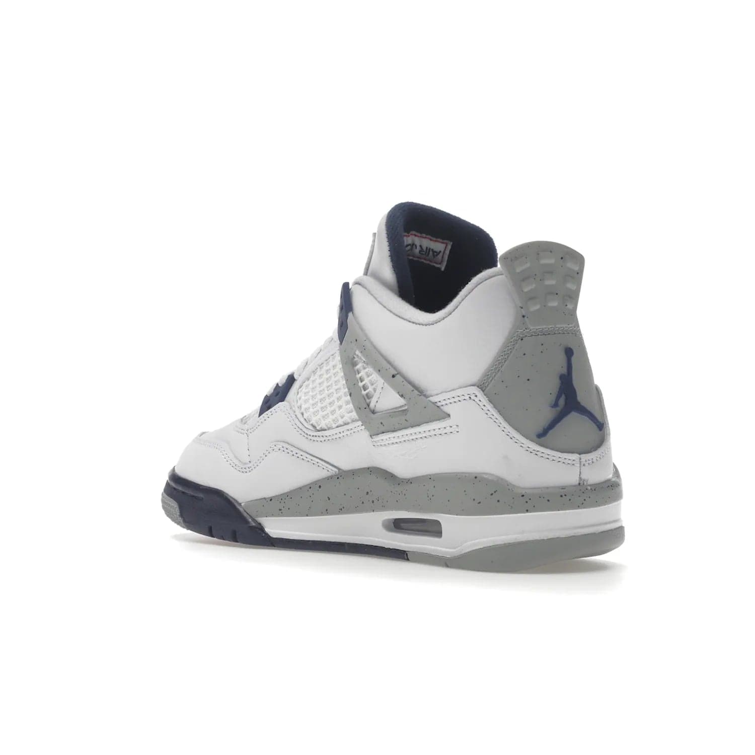 Jordan 4 Retro Midnight Navy (GS) - Image 24 - Only at www.BallersClubKickz.com - Shop the Air Jordan 4 Retro Midnight Navy GS. The white leather upper features black support wings & heel tab, navy eyelets & woven tongue tag with Jumpman logos. The midsole features two-tone polyurethane insole & AIR units in the heel & forefoot. Get the white/midnight navy/light smoke grey/fire colorway & show off your style.