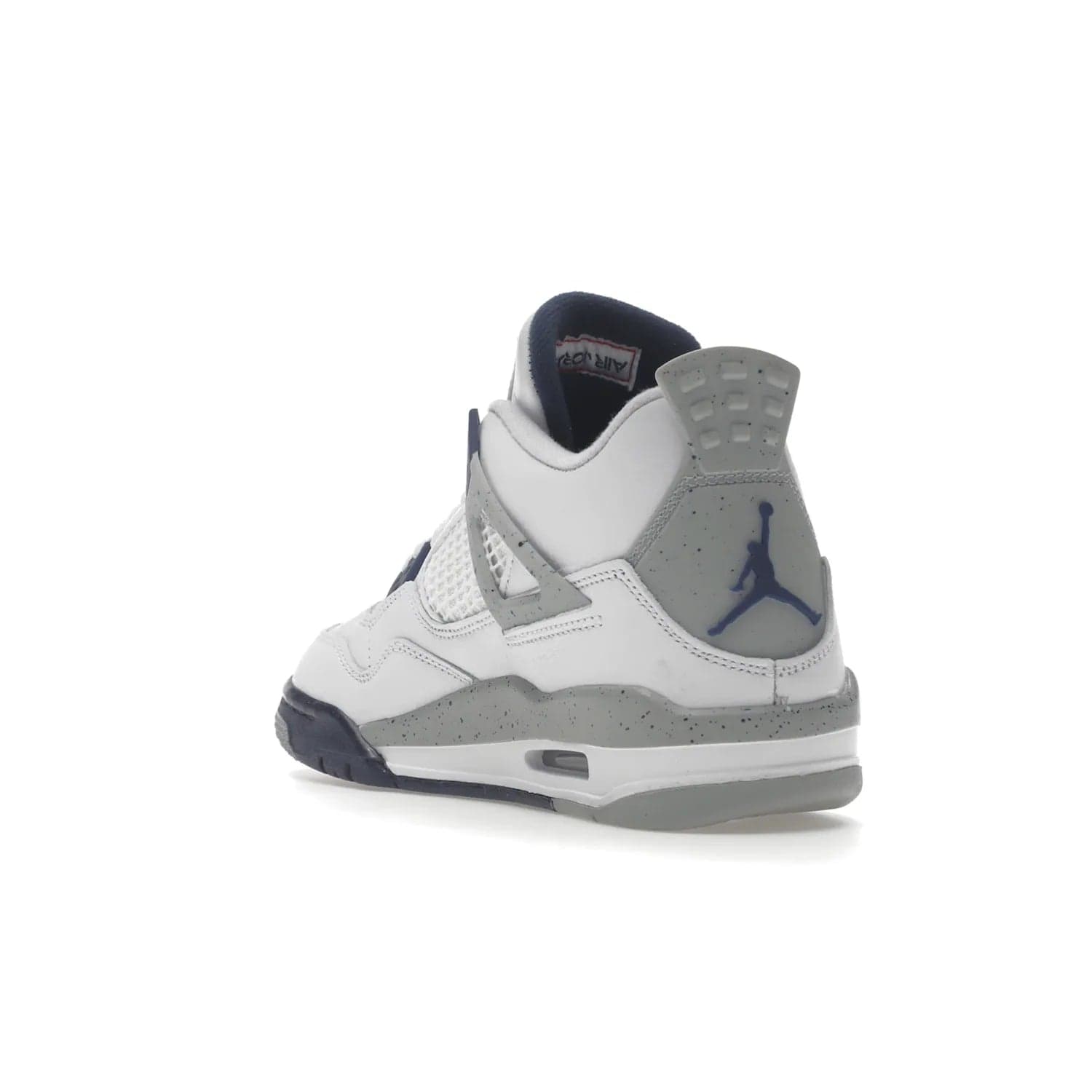Jordan 4 Retro Midnight Navy (GS) - Image 25 - Only at www.BallersClubKickz.com - Shop the Air Jordan 4 Retro Midnight Navy GS. The white leather upper features black support wings & heel tab, navy eyelets & woven tongue tag with Jumpman logos. The midsole features two-tone polyurethane insole & AIR units in the heel & forefoot. Get the white/midnight navy/light smoke grey/fire colorway & show off your style.