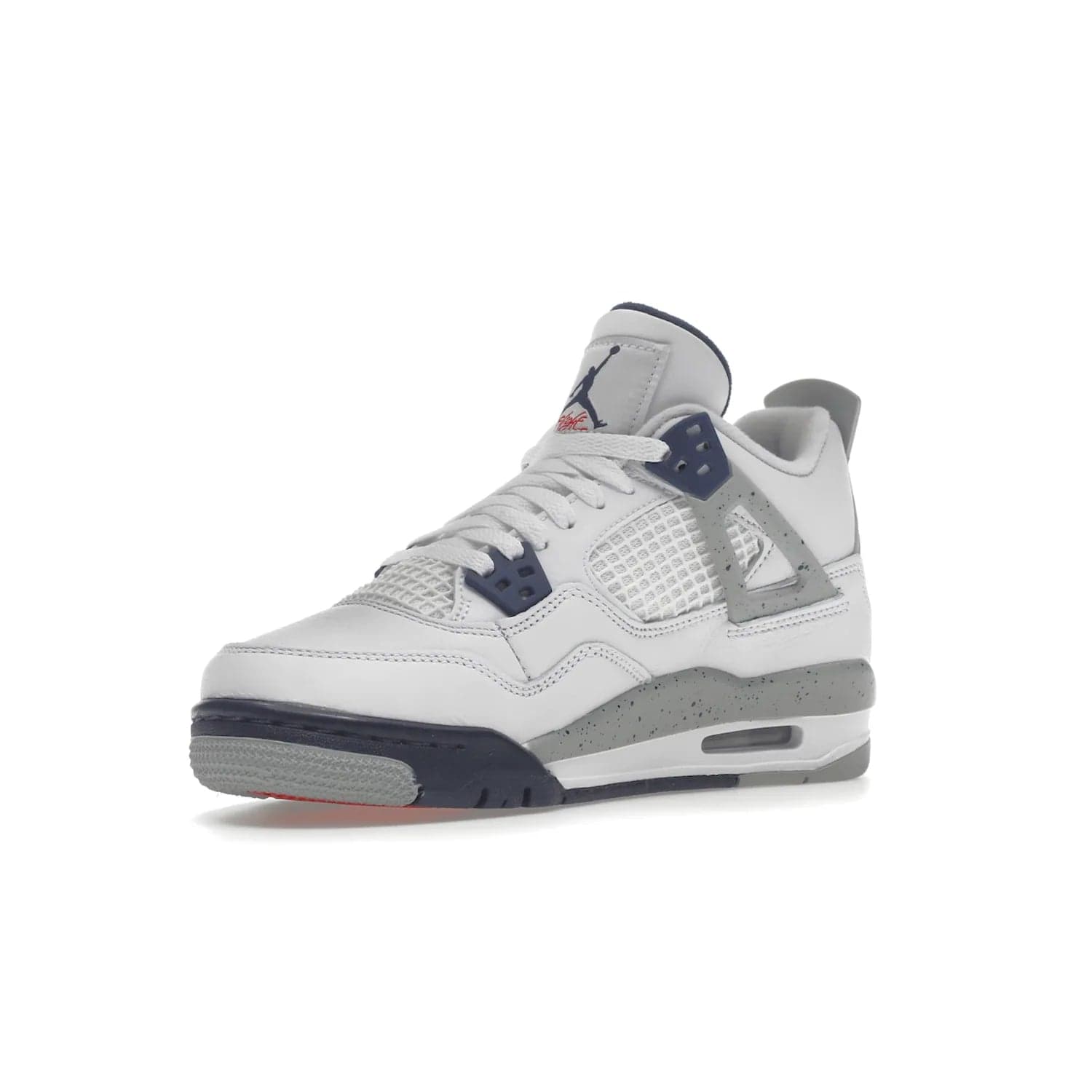 Jordan 4 Retro Midnight Navy (GS) - Image 15 - Only at www.BallersClubKickz.com - Shop the Air Jordan 4 Retro Midnight Navy GS. The white leather upper features black support wings & heel tab, navy eyelets & woven tongue tag with Jumpman logos. The midsole features two-tone polyurethane insole & AIR units in the heel & forefoot. Get the white/midnight navy/light smoke grey/fire colorway & show off your style.