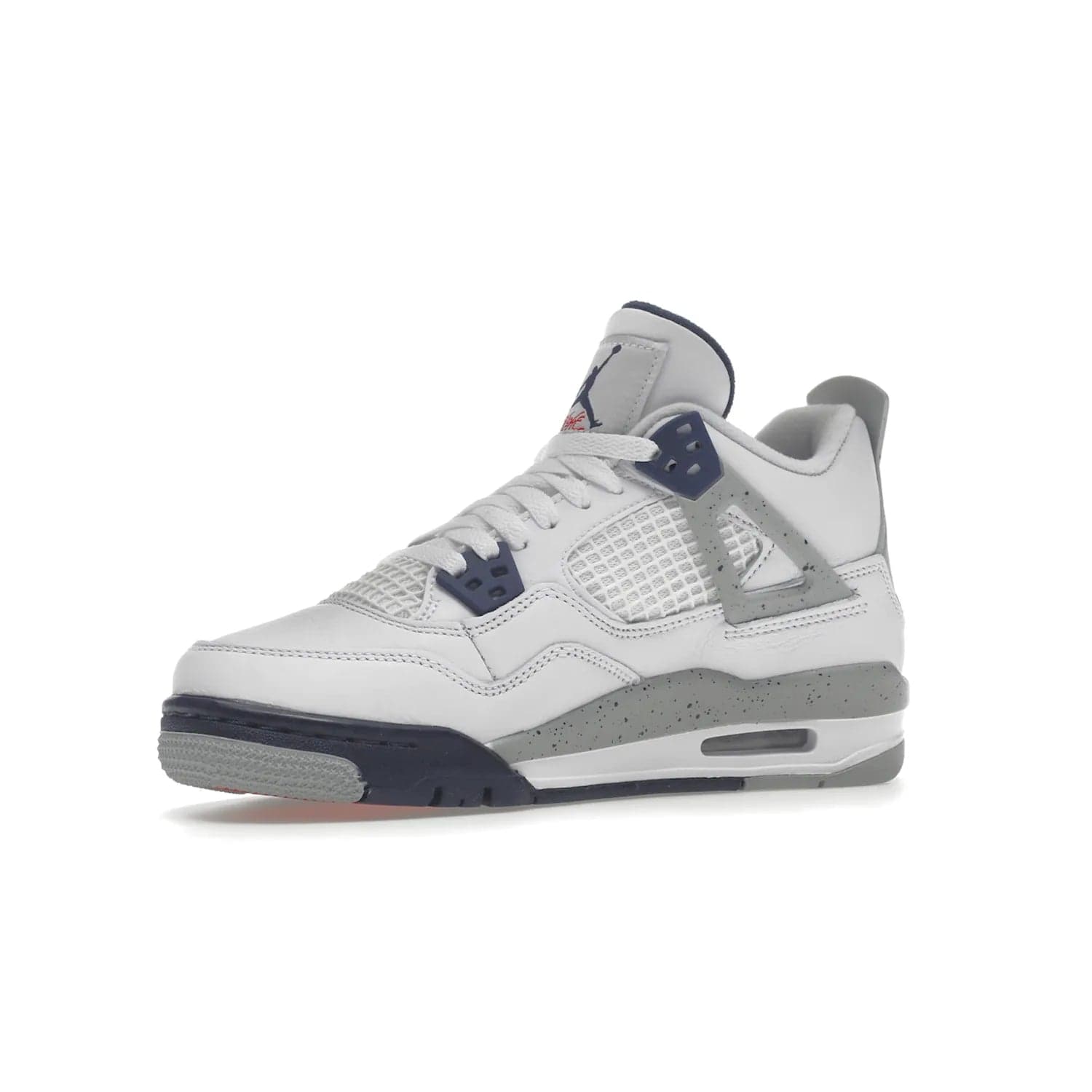 Jordan 4 Retro Midnight Navy (GS) - Image 16 - Only at www.BallersClubKickz.com - Shop the Air Jordan 4 Retro Midnight Navy GS. The white leather upper features black support wings & heel tab, navy eyelets & woven tongue tag with Jumpman logos. The midsole features two-tone polyurethane insole & AIR units in the heel & forefoot. Get the white/midnight navy/light smoke grey/fire colorway & show off your style.