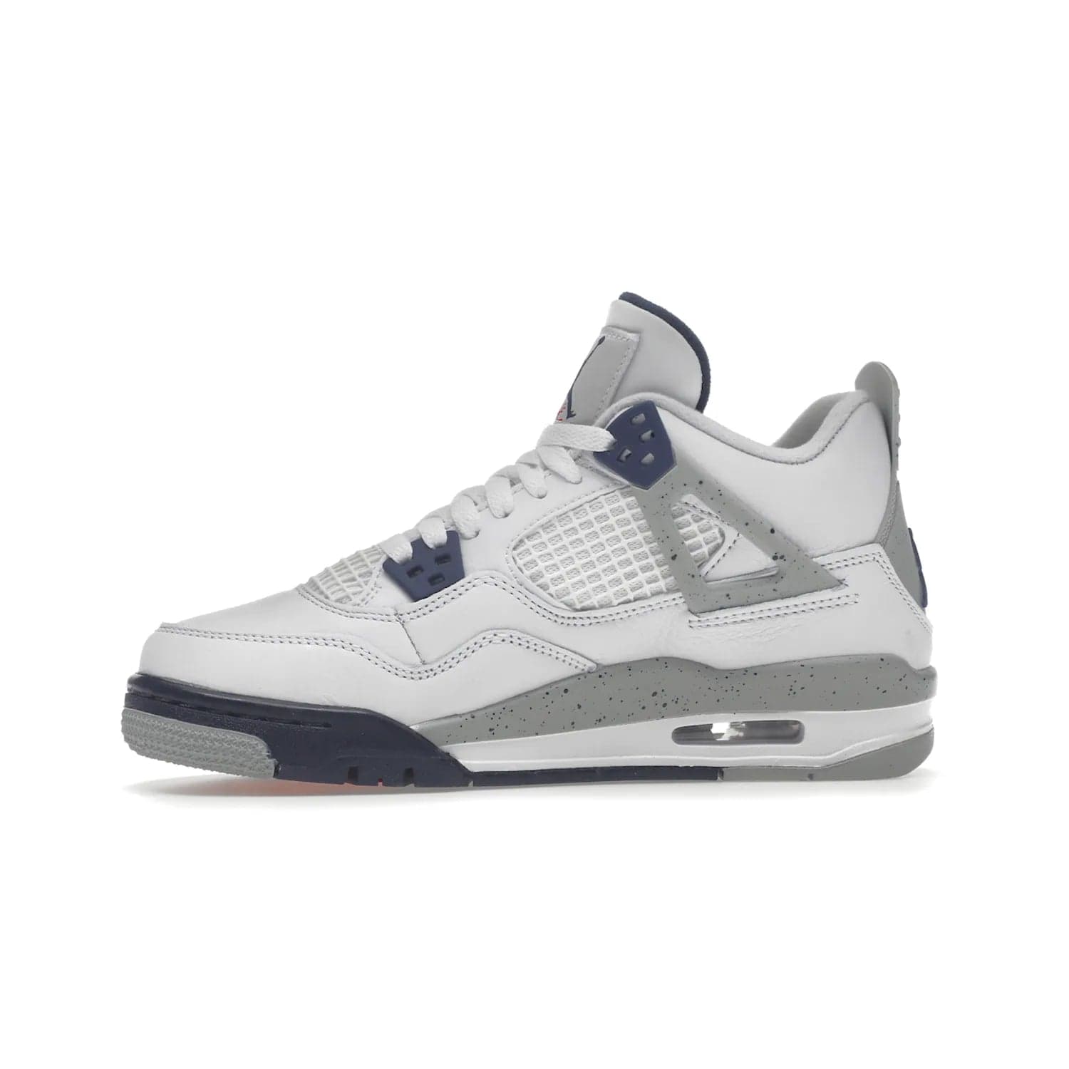 Jordan 4 Retro Midnight Navy (GS) - Image 18 - Only at www.BallersClubKickz.com - Shop the Air Jordan 4 Retro Midnight Navy GS. The white leather upper features black support wings & heel tab, navy eyelets & woven tongue tag with Jumpman logos. The midsole features two-tone polyurethane insole & AIR units in the heel & forefoot. Get the white/midnight navy/light smoke grey/fire colorway & show off your style.