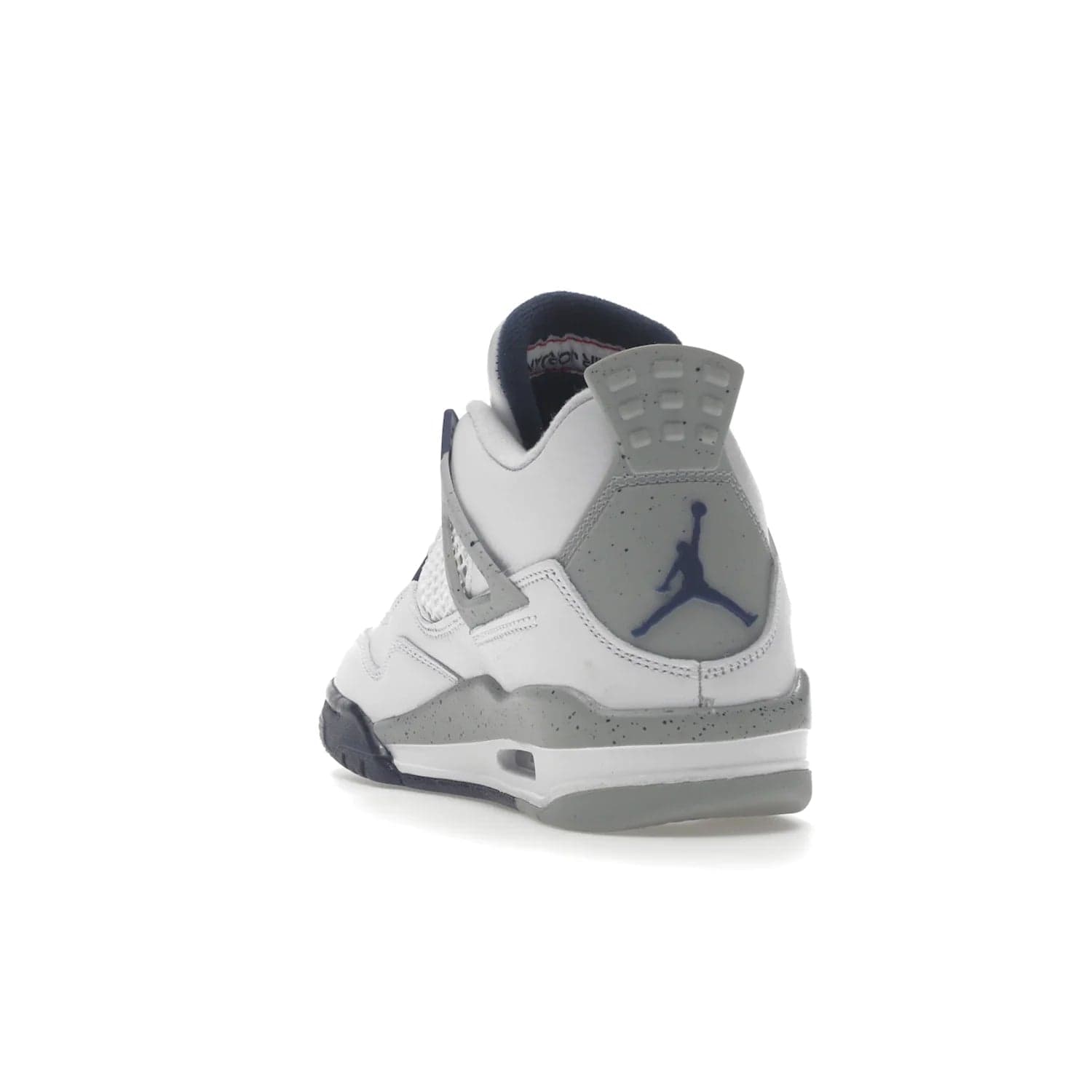 Jordan 4 Retro Midnight Navy (GS) - Image 26 - Only at www.BallersClubKickz.com - Shop the Air Jordan 4 Retro Midnight Navy GS. The white leather upper features black support wings & heel tab, navy eyelets & woven tongue tag with Jumpman logos. The midsole features two-tone polyurethane insole & AIR units in the heel & forefoot. Get the white/midnight navy/light smoke grey/fire colorway & show off your style.