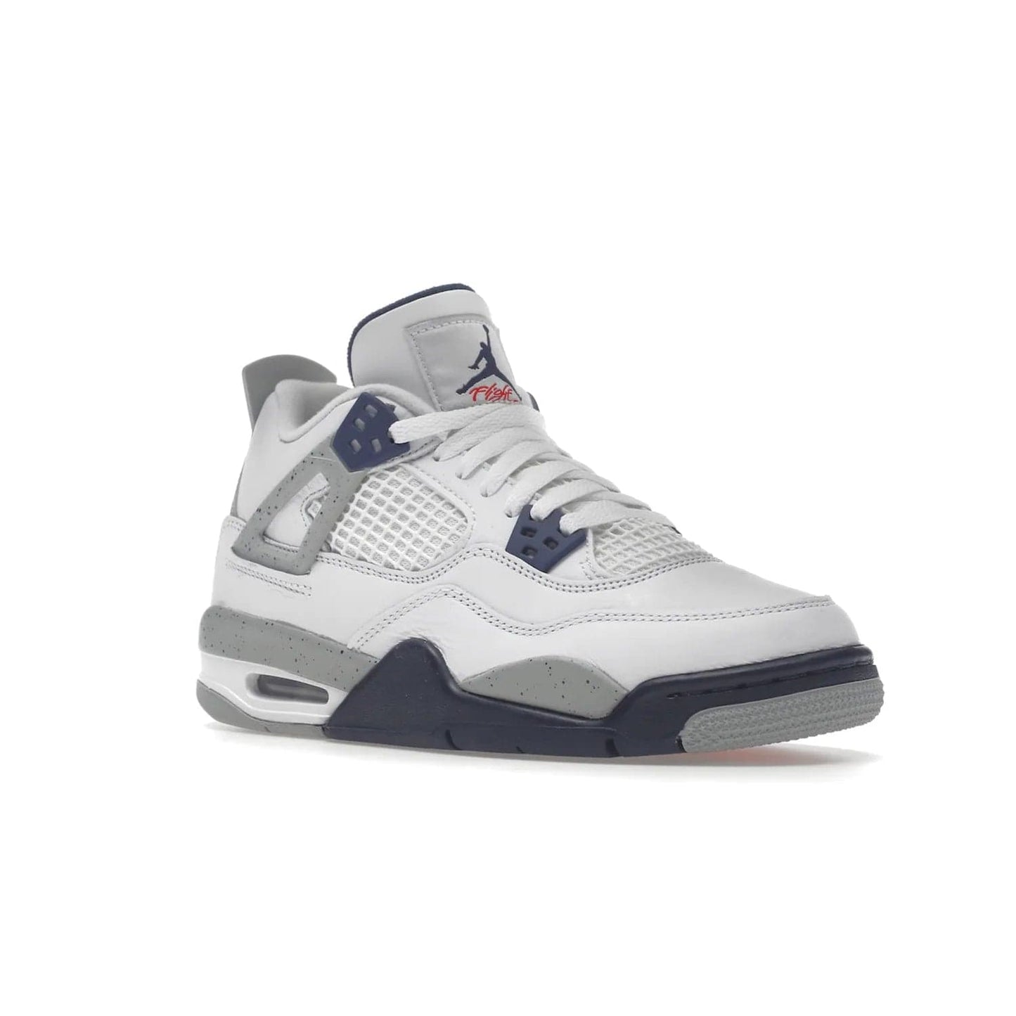 Jordan 4 Retro Midnight Navy (GS) - Image 5 - Only at www.BallersClubKickz.com - Shop the Air Jordan 4 Retro Midnight Navy GS. The white leather upper features black support wings & heel tab, navy eyelets & woven tongue tag with Jumpman logos. The midsole features two-tone polyurethane insole & AIR units in the heel & forefoot. Get the white/midnight navy/light smoke grey/fire colorway & show off your style.